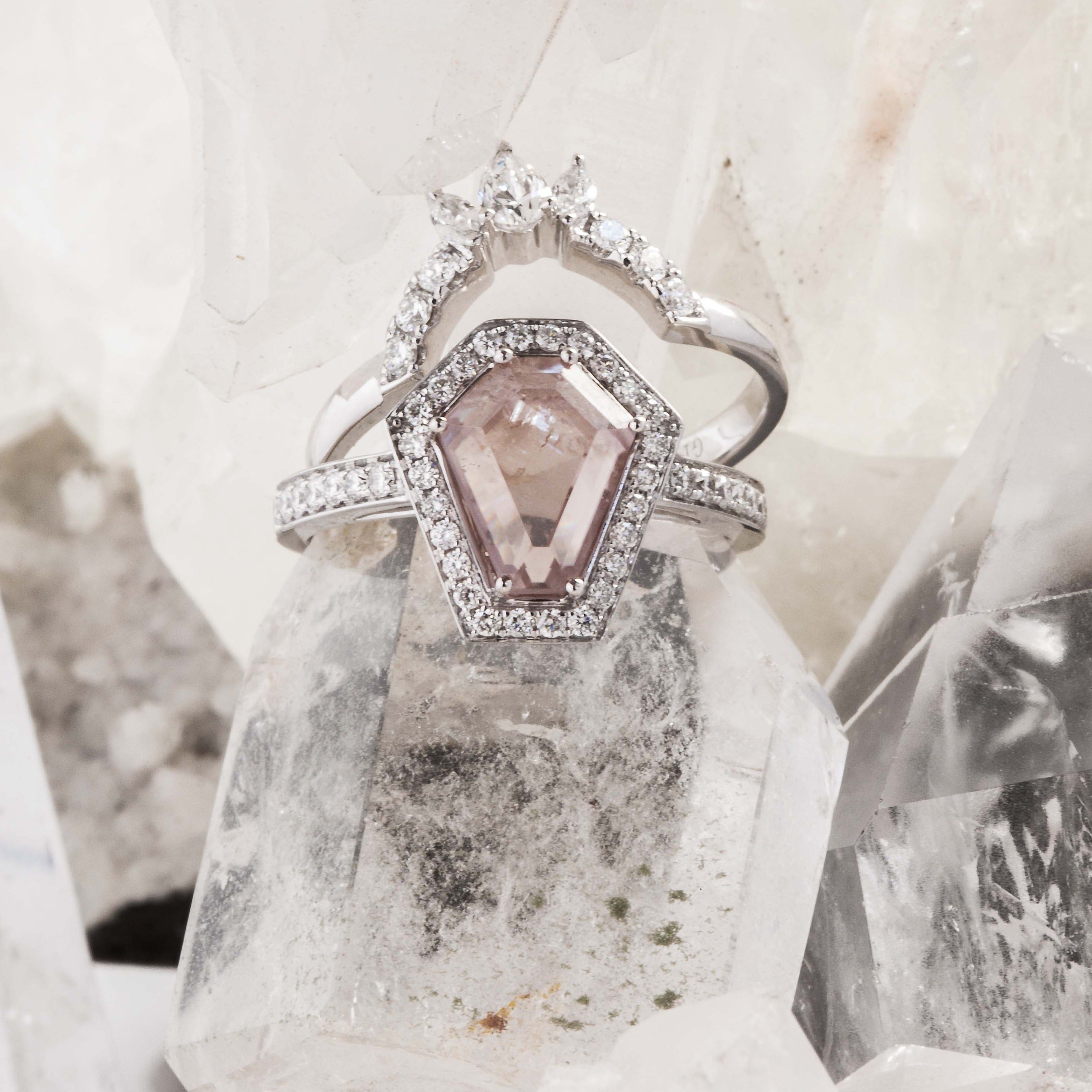 Windfall Jewellery Coffin Halo black diamond engagement ring with matching diamond band in rose gold — modern alternative bridal set handcrafted in Australia