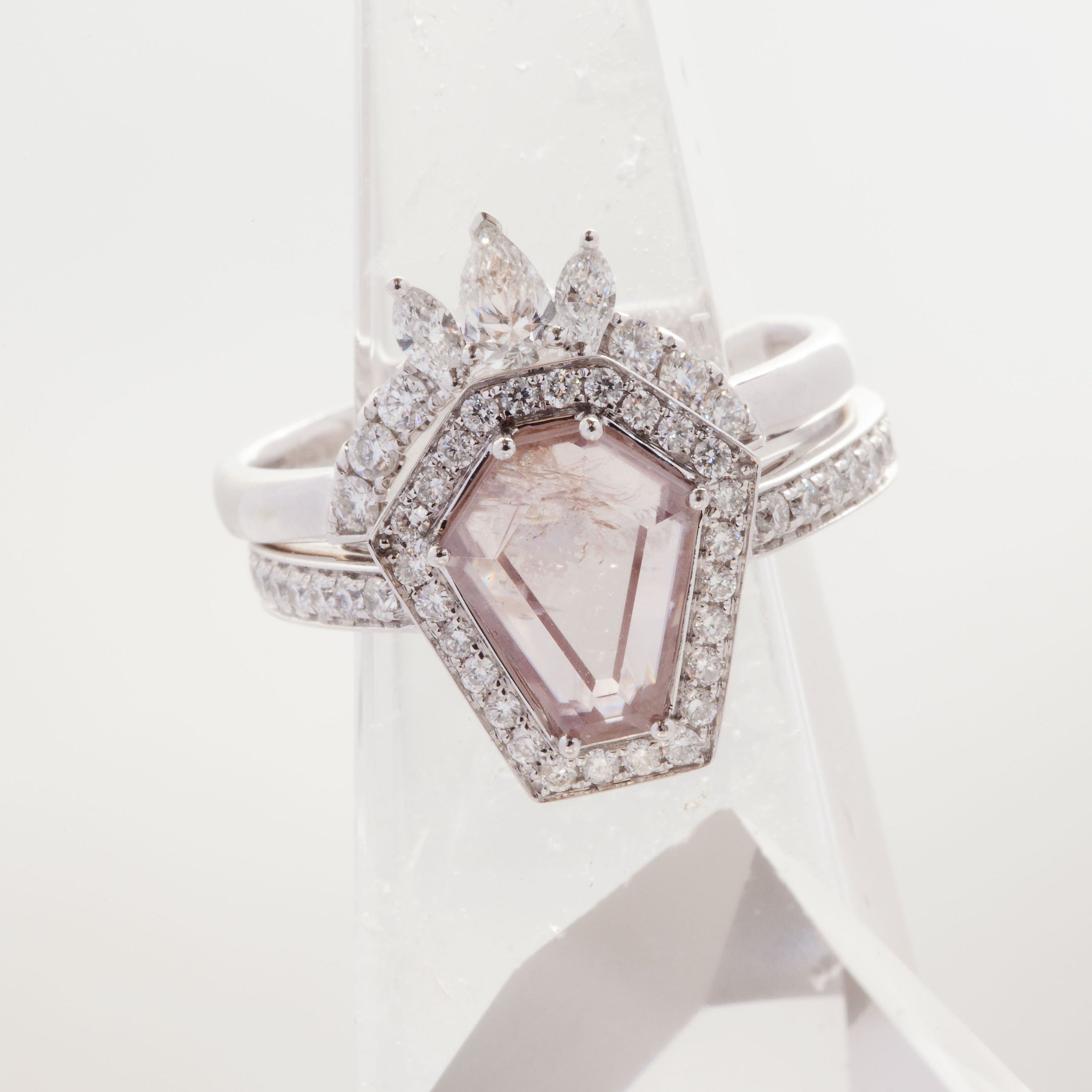 Windfall Jewellery Coffin Halo black diamond engagement ring with matching diamond band in rose gold — modern alternative bridal set handcrafted in Australia