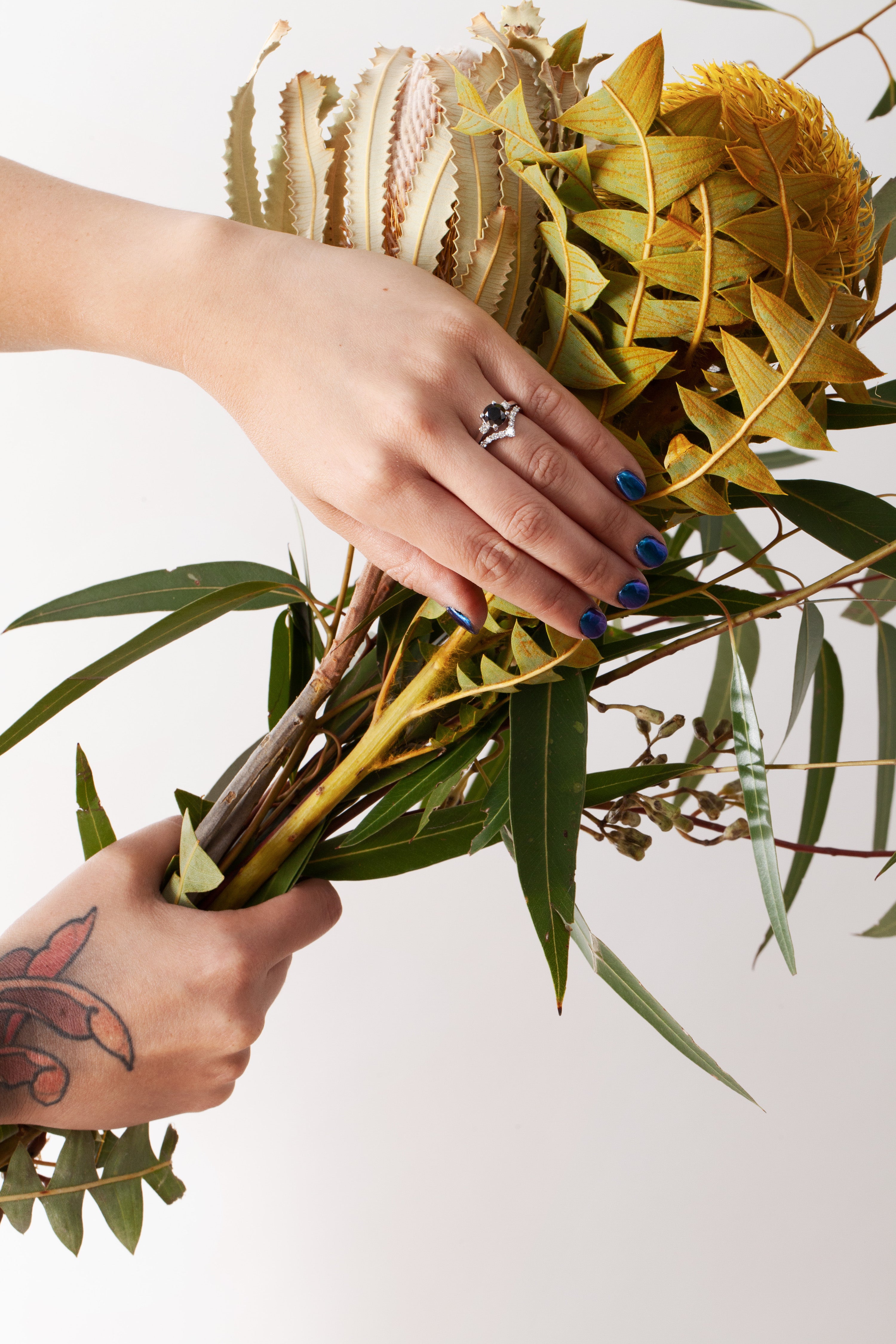 Windfall Jewellery Lotus Oval black diamond engagement ring in rose gold with minimalist three-stone design — handcrafted fine jewellery Australia