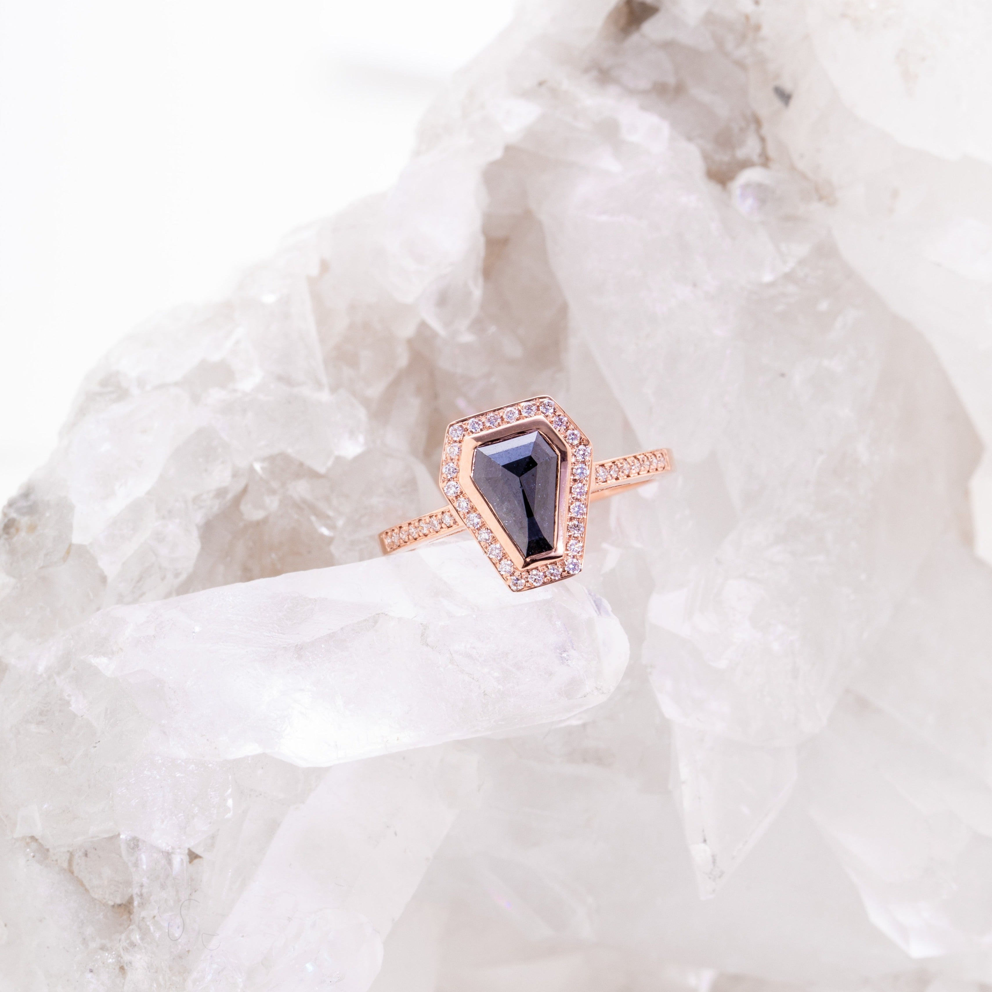 Windfall Jewellery Coffin Halo black diamond engagement ring with matching diamond band in rose gold — modern alternative bridal set handcrafted in Australia