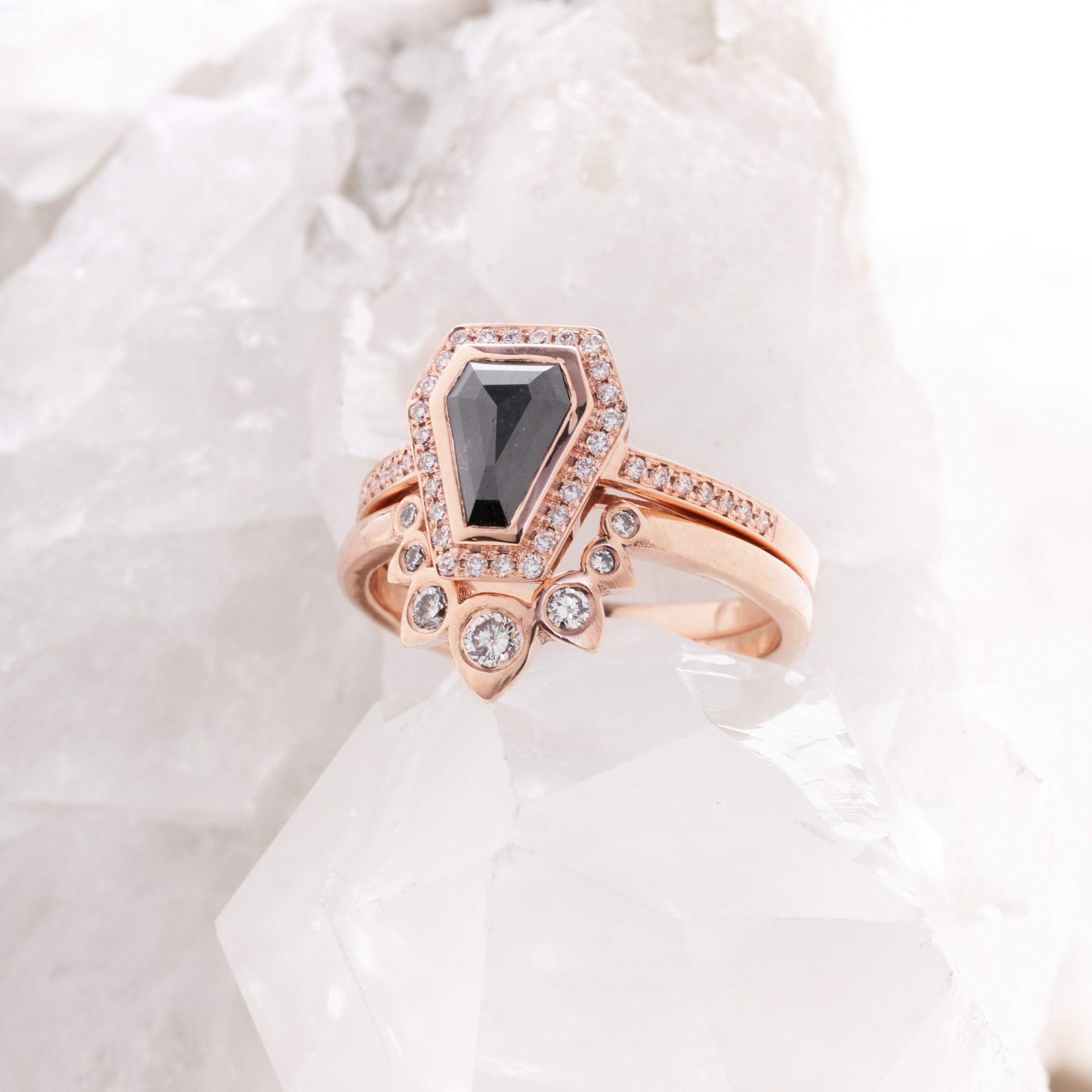 Windfall Jewellery Coffin Halo black diamond engagement ring with matching diamond band in rose gold — modern alternative bridal set handcrafted in Australia