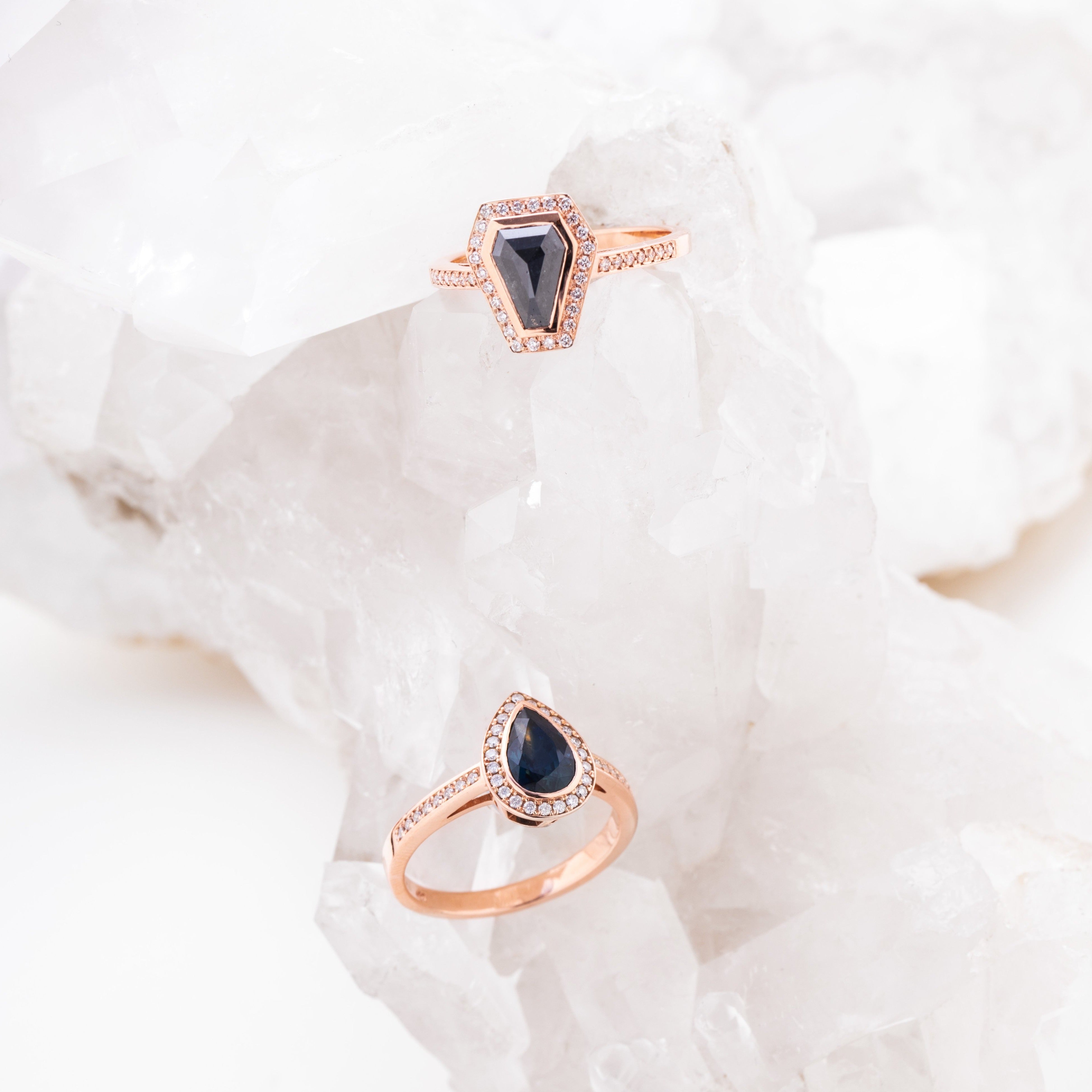 Windfall Jewellery Coffin Halo black diamond engagement ring with matching diamond band in rose gold — modern alternative bridal set handcrafted in Australia