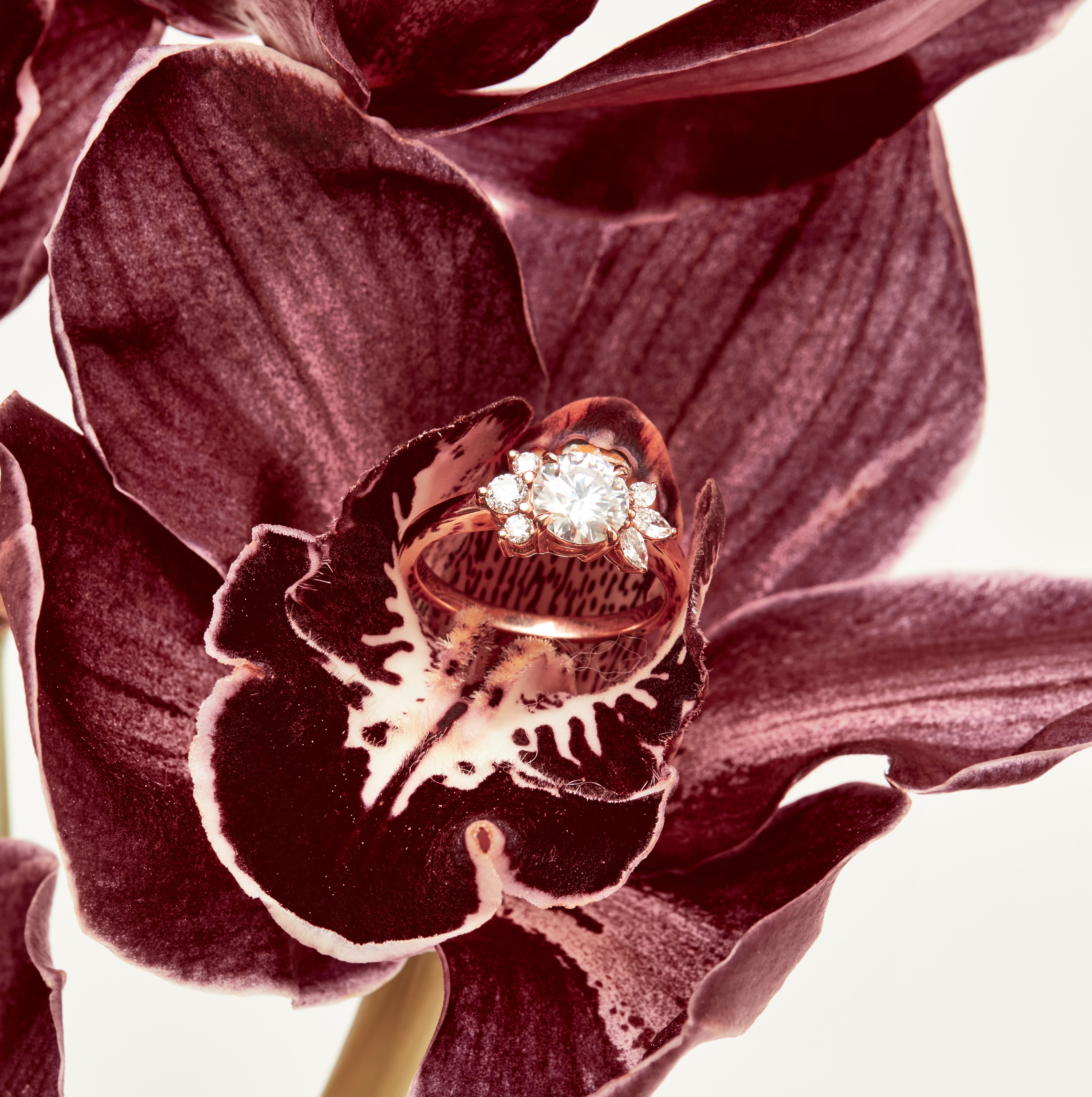 Windfall Jewellery Cleo floral diamond engagement ring in rose gold with marquise and round diamonds forming a petal cluster — elegant handcrafted bridal jewellery Australia.