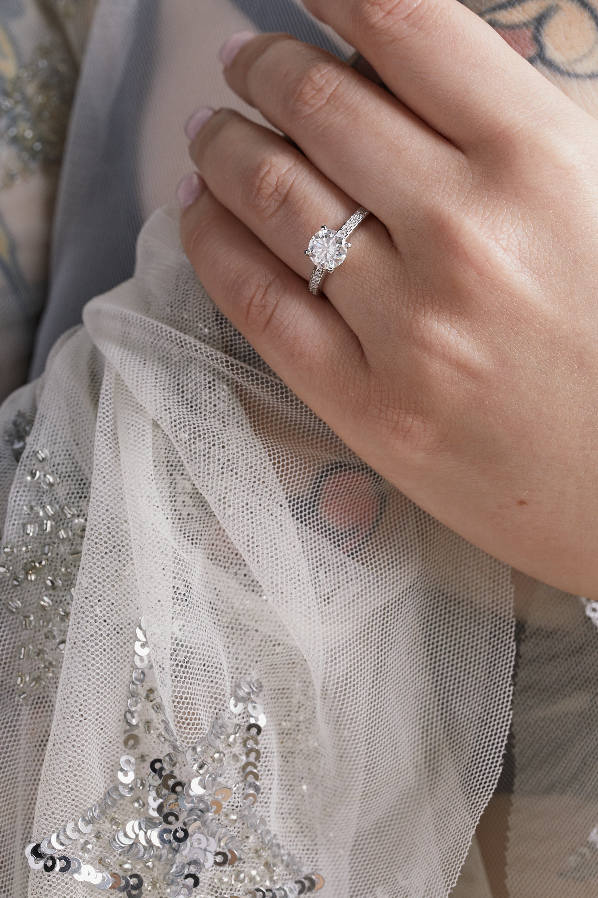 Windfall Jewellery Ara Solitaire diamond engagement ring with matching contoured wedding bands in white gold — elegant bridal set handcrafted in Australia