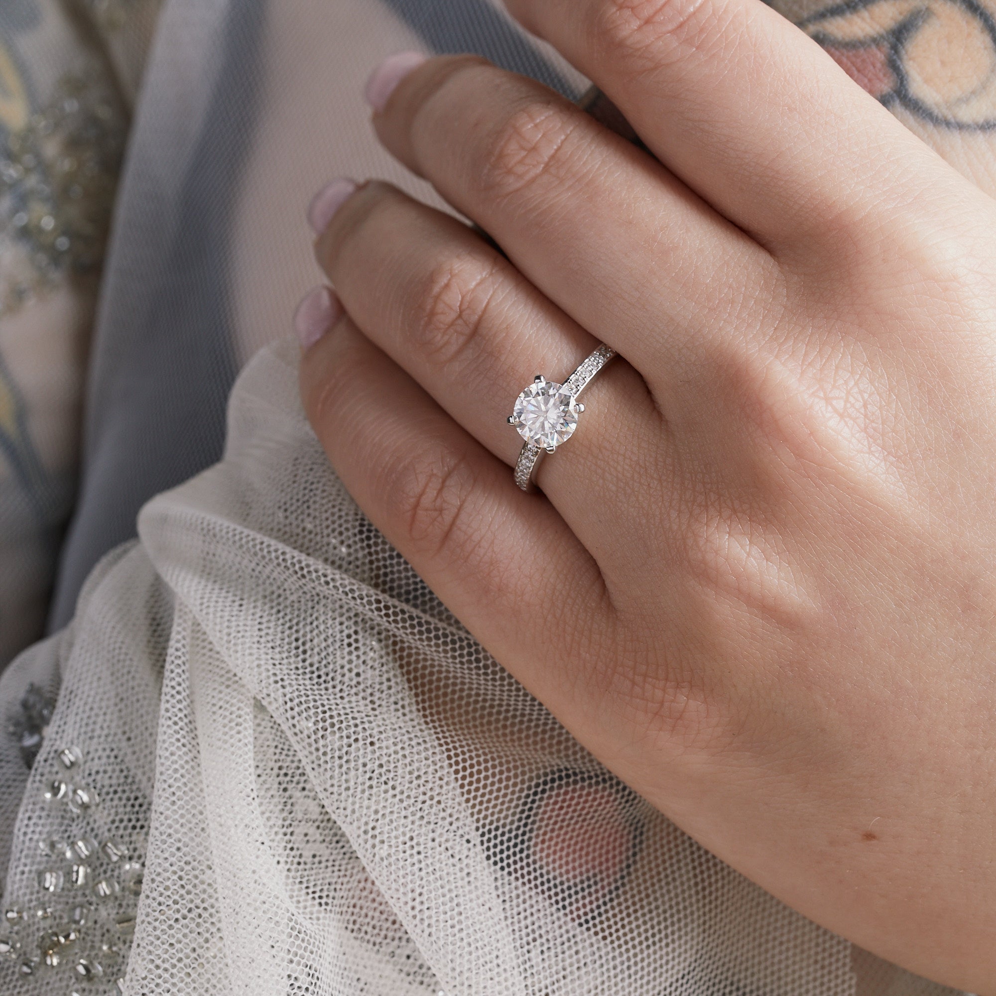 Windfall Jewellery Ara Solitaire diamond engagement ring with matching contoured wedding bands in white gold — elegant bridal set handcrafted in Australia