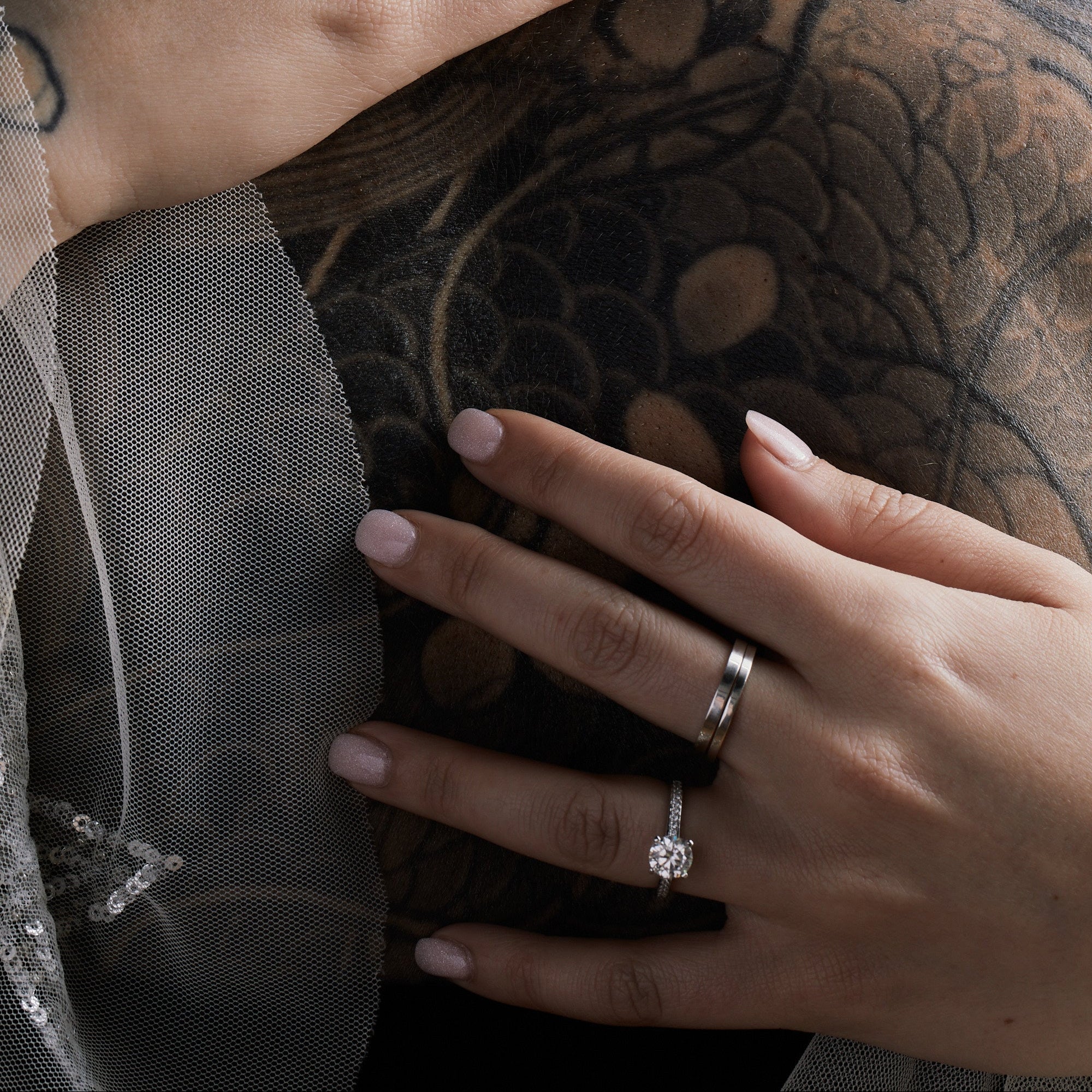 Windfall Jewellery Ara Solitaire diamond engagement ring with matching contoured wedding bands in white gold — elegant bridal set handcrafted in Australia