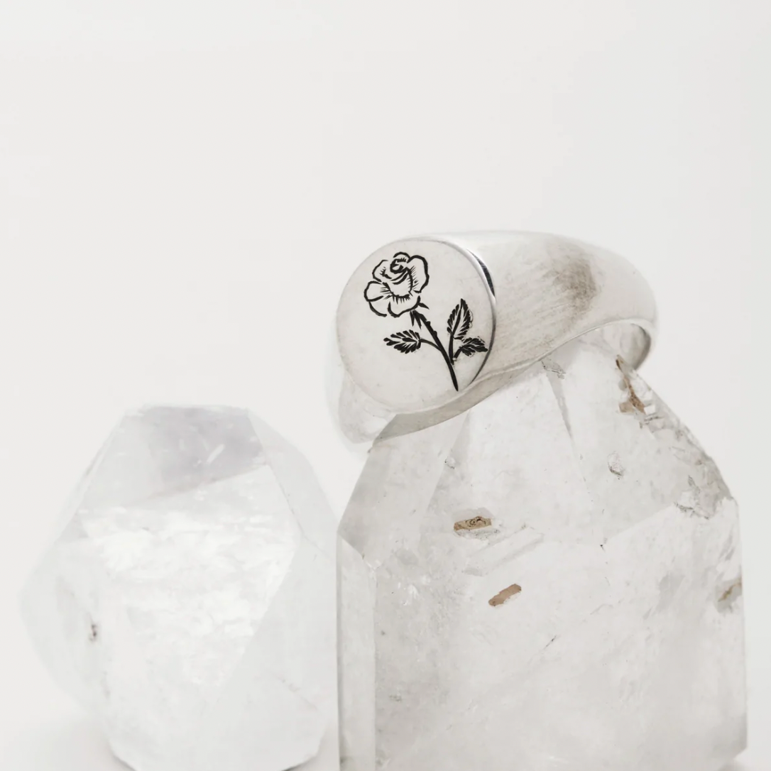 rose hand engraved signet in sterling silver