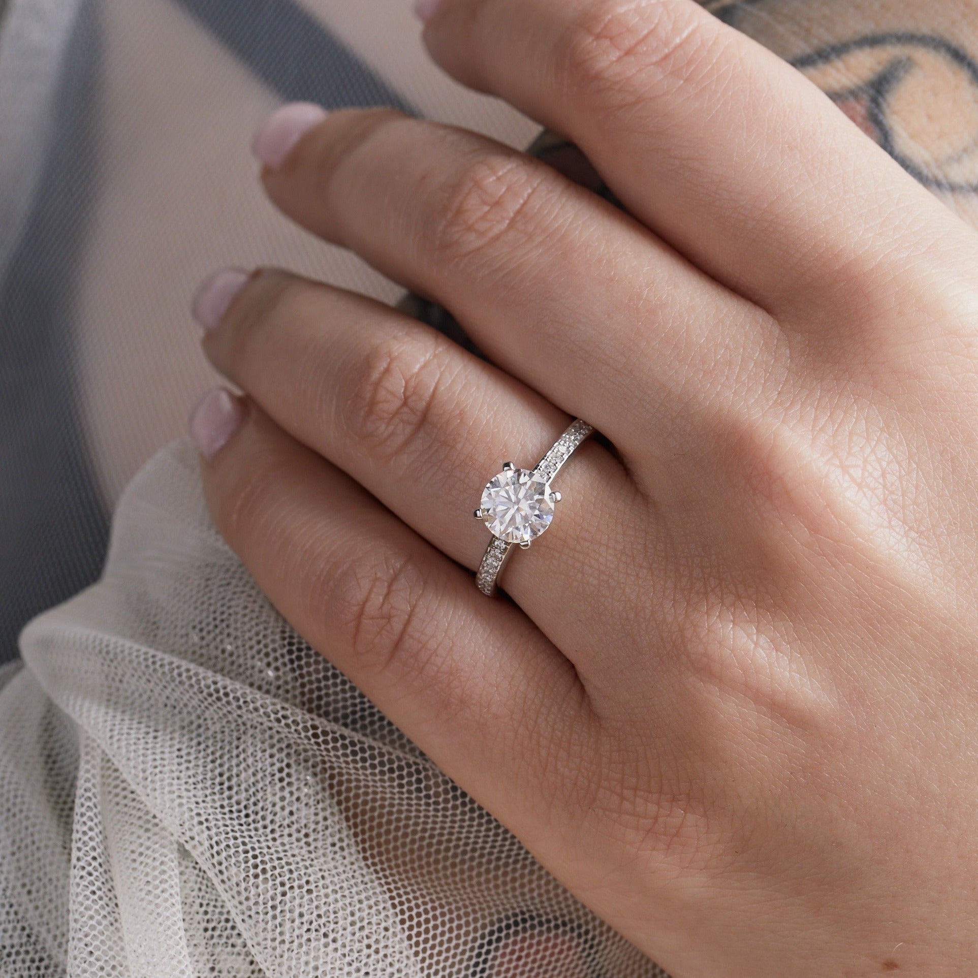 Windfall Jewellery Ara Solitaire diamond engagement ring with matching contoured wedding bands in white gold — elegant bridal set handcrafted in Australia