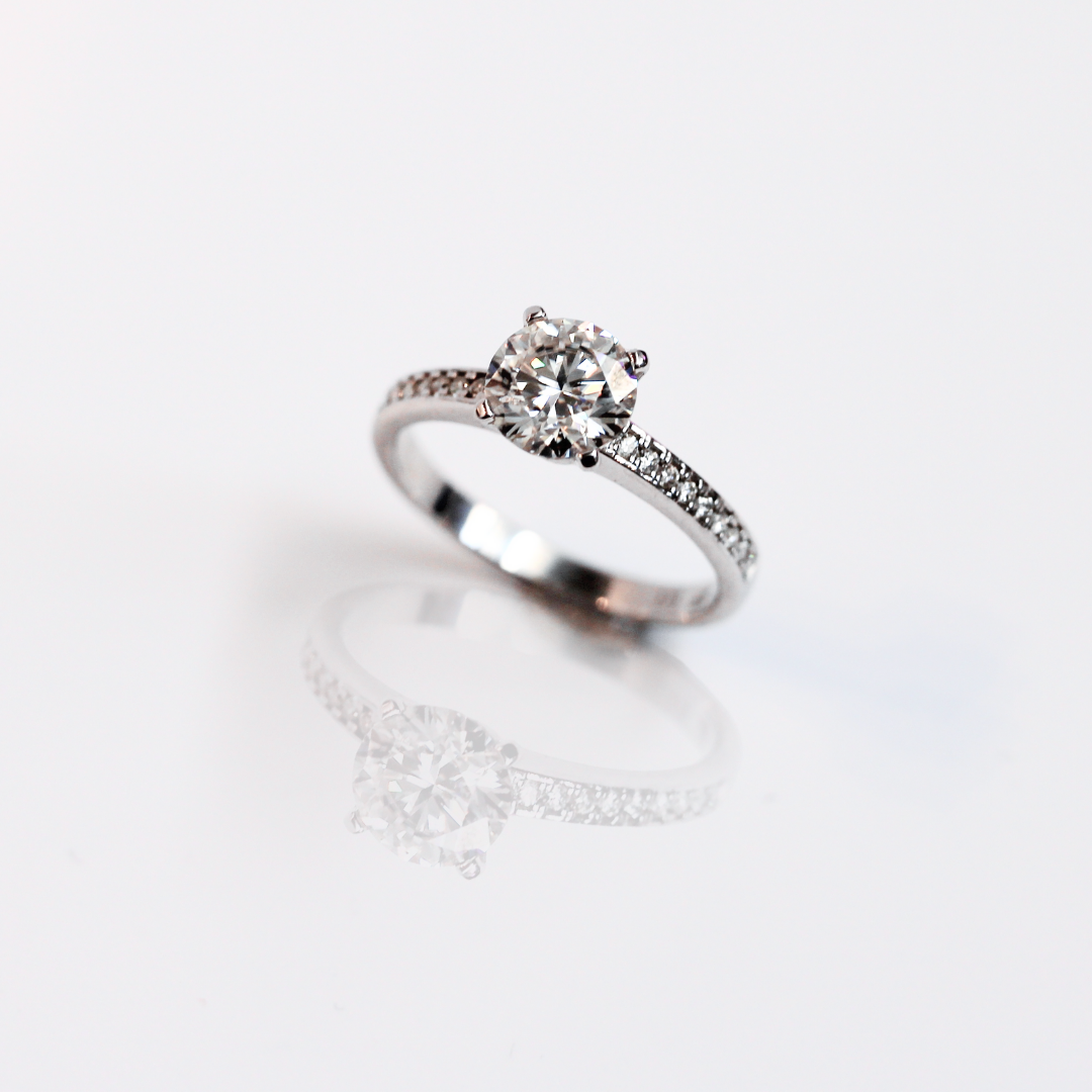 Windfall Jewellery Ara Solitaire diamond engagement ring with matching contoured wedding bands in white gold — elegant bridal set handcrafted in Australia