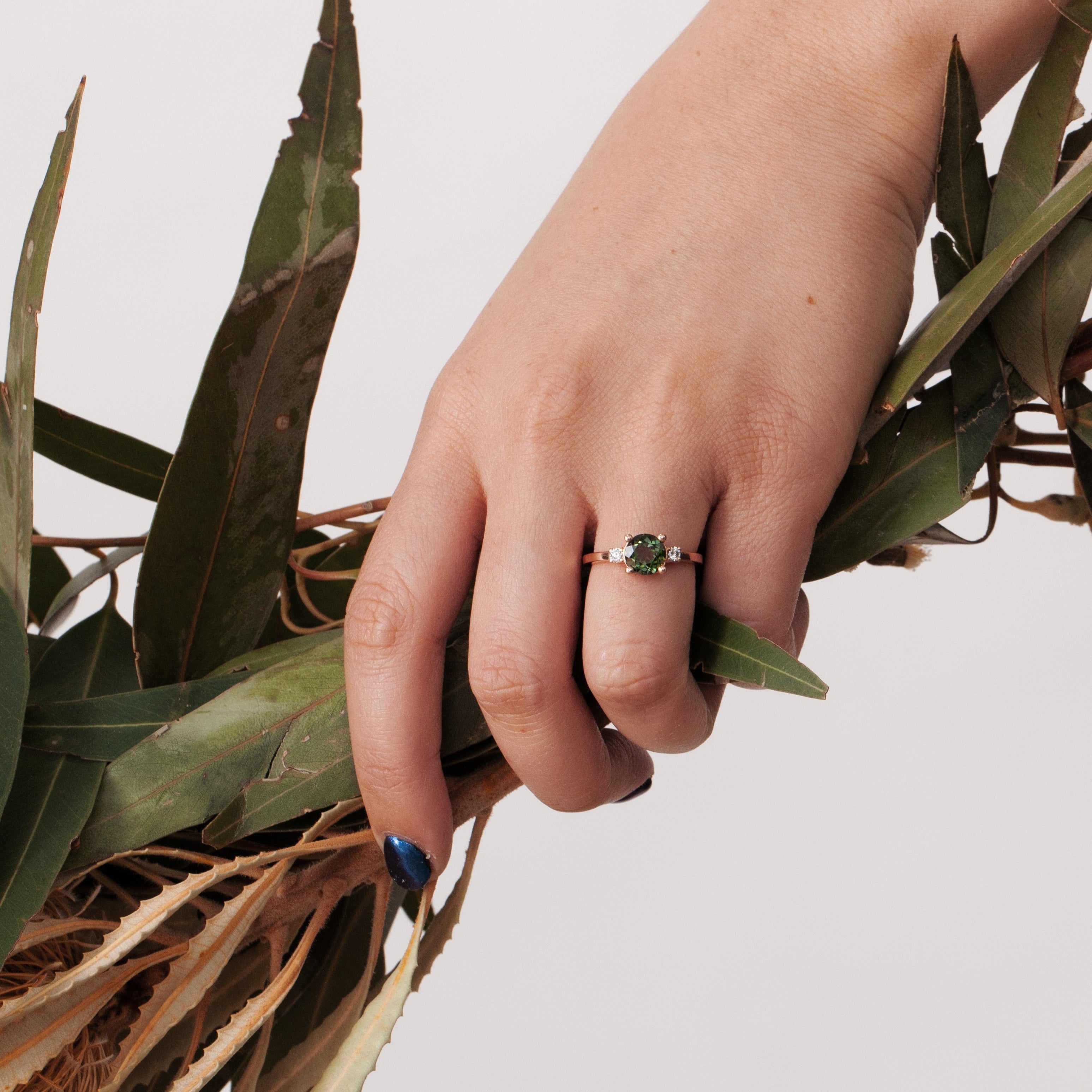 Windfall Jewellery Lotus Oval black diamond engagement ring in rose gold with minimalist three-stone design — handcrafted fine jewellery Australia