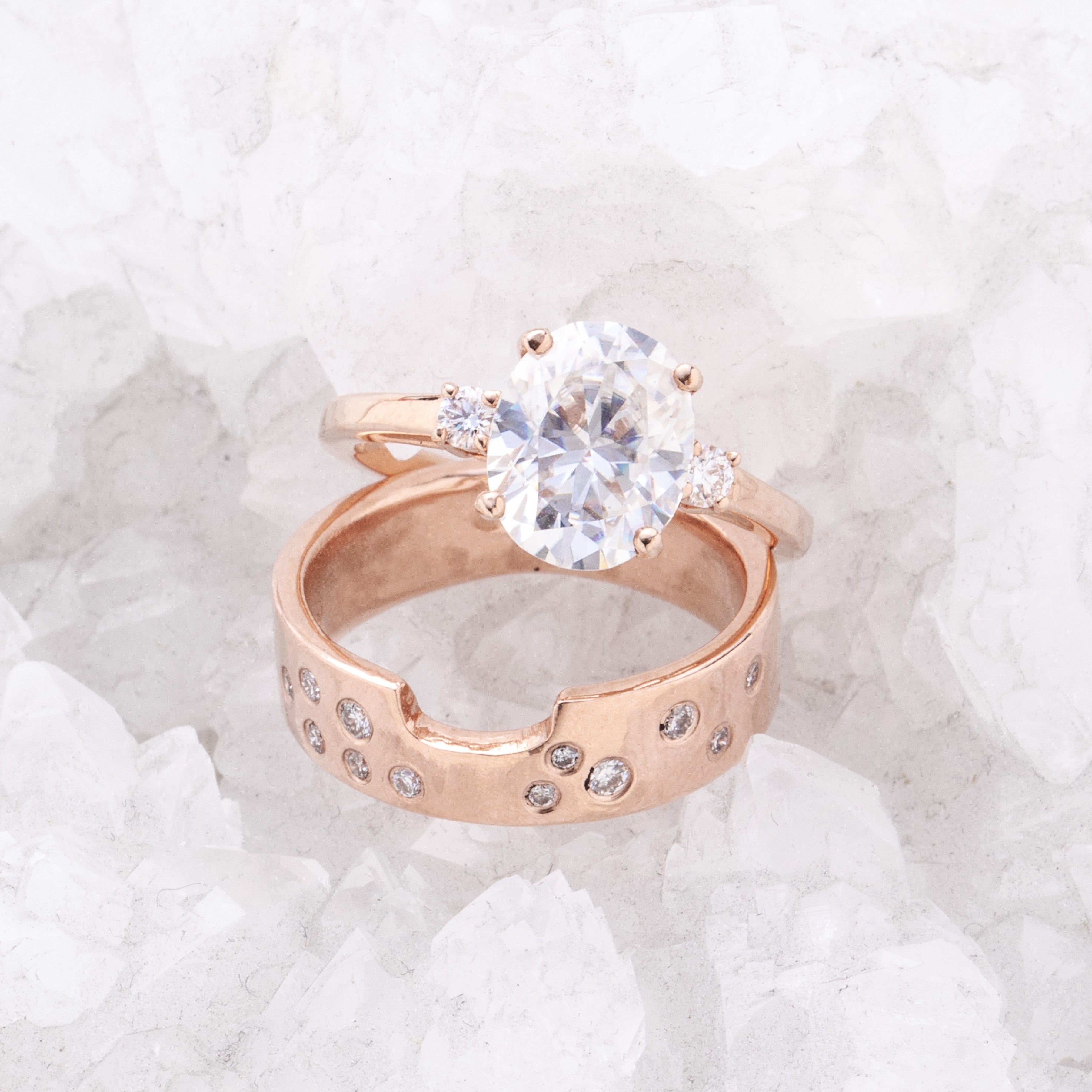 Windfall Jewellery Lotus Oval lab grown diamond engagement ring in rose gold with minimalist three-stone design — handcrafted fine jewellery Australia