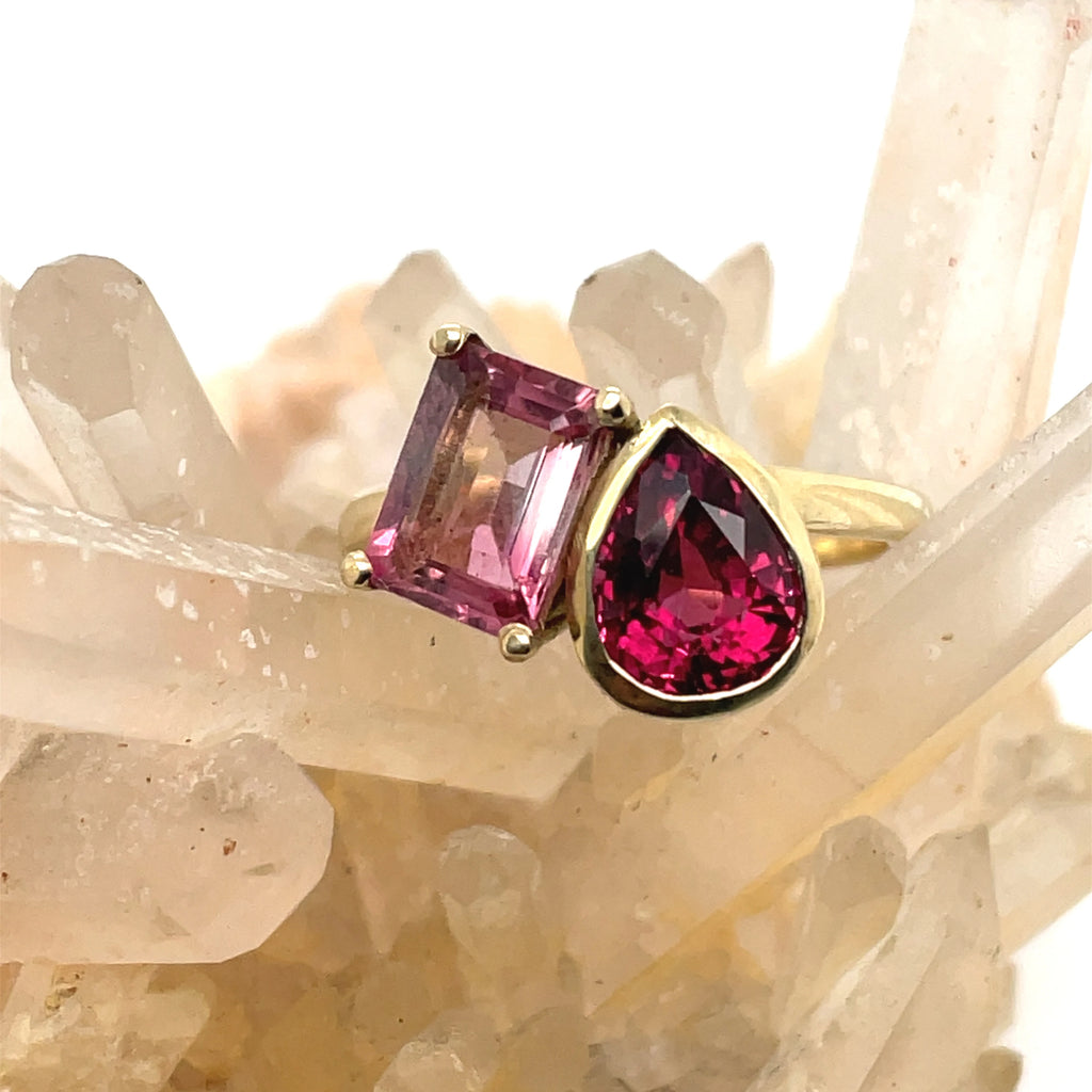 A ready to ship Toi et Moi ring with a grape garnet stone and a blush tourmaline stone. 