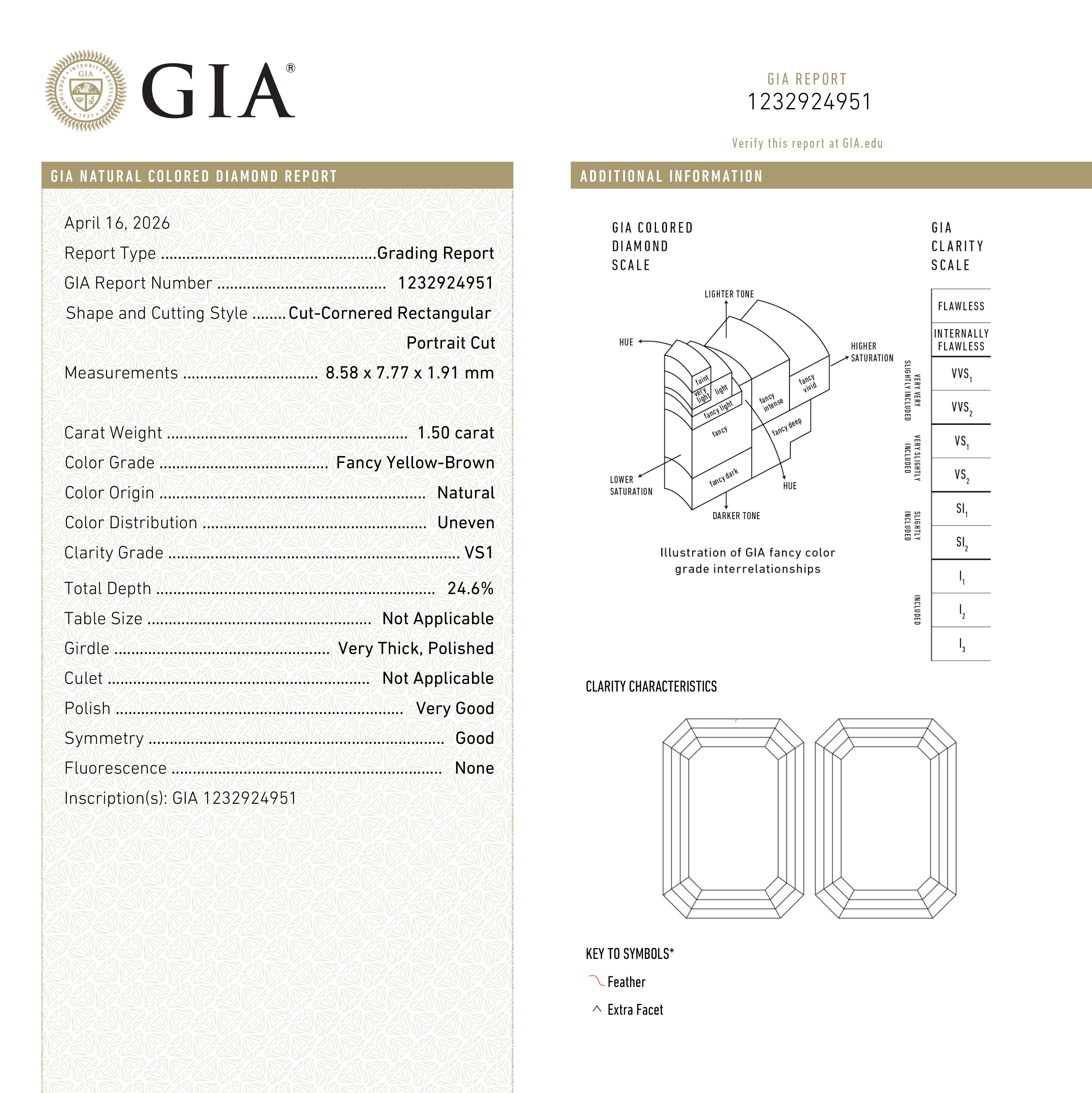 1.50ct 8.58x7.77x1.91mm GIA VS1 Fancy Yellow-Brown Cut Corner Rectangle Portrait Cut 28017-01