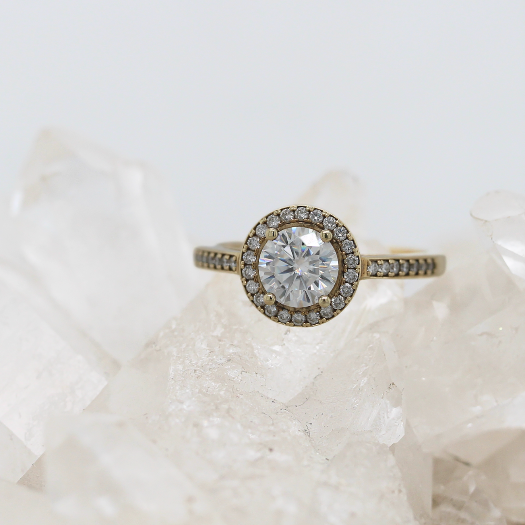 Halo Ring (thicker band) - Moissanite - Yellow Gold - Ready to Ship