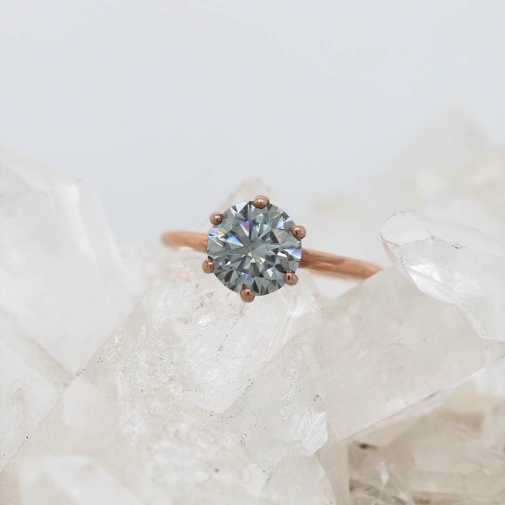 Fugazi Solitaire - Grey Moissanite - Brushed Rose Gold - Ready to Ship