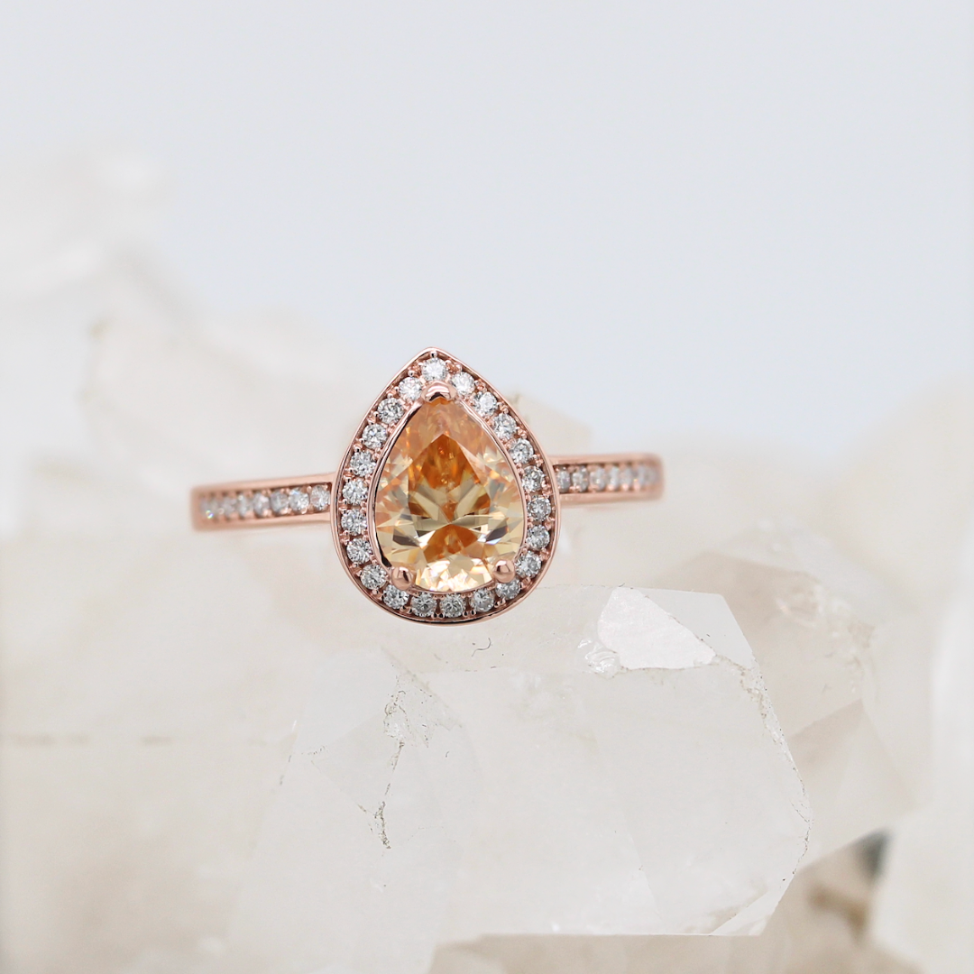 Pear Halo - Yellow/Champagne Moissanite - Rose Gold - Ready to Ship