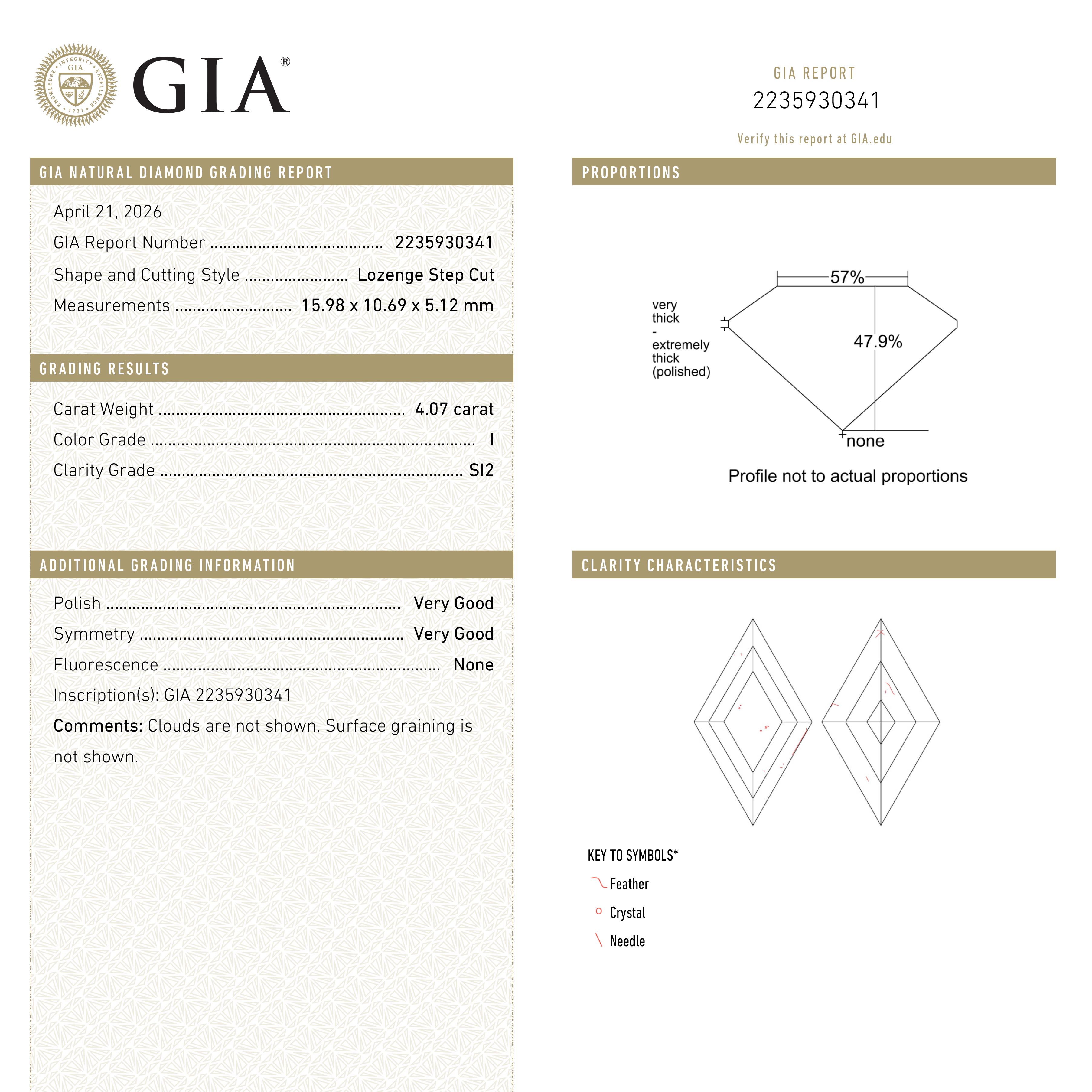 4.06ct 15.98x10.69x5.12mm GIA SI2 I Lozenge Step Cut 28010-01