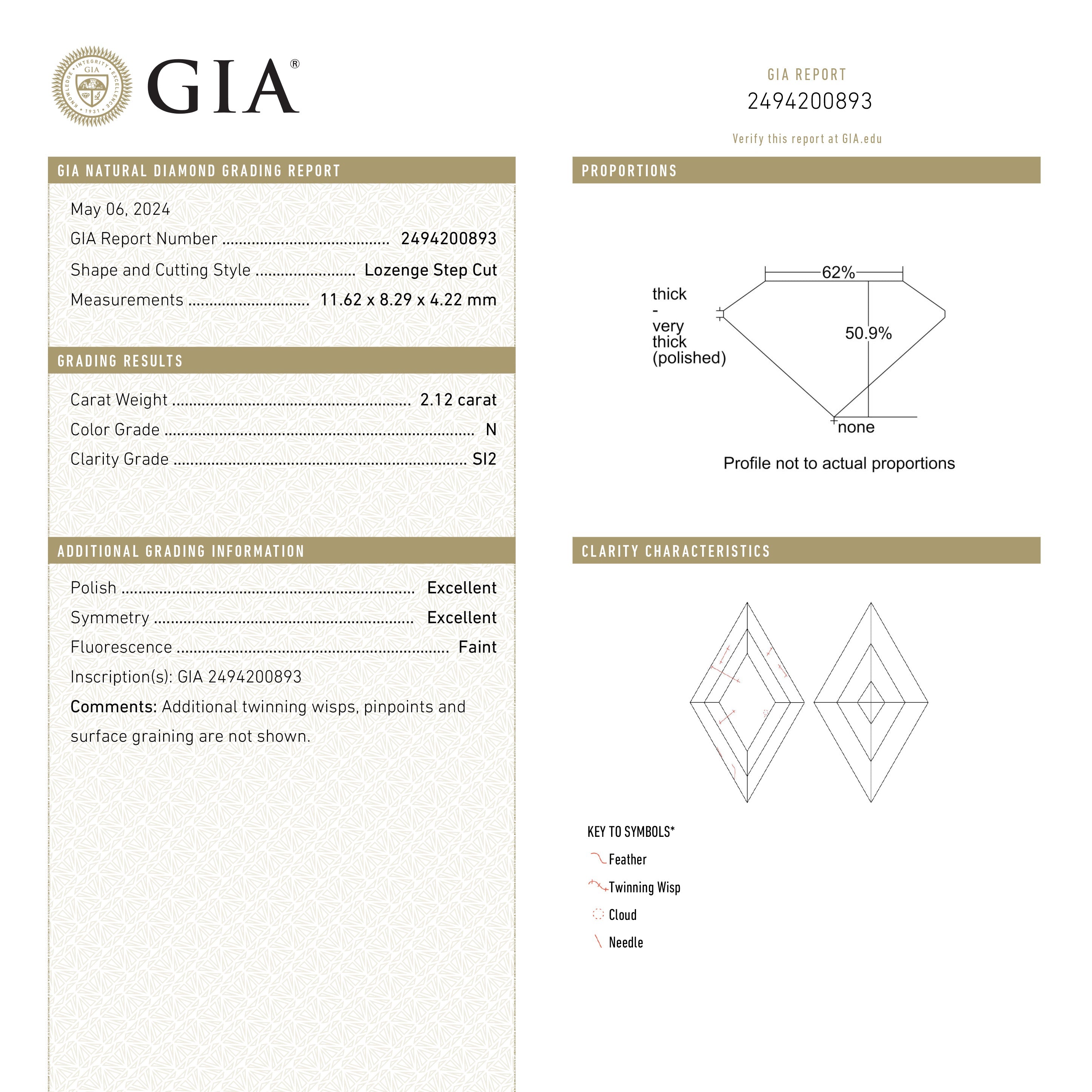2.12ct 11.62x8.29x4.22mm GIA SI2 N Lozenge Step Cut 25913-01