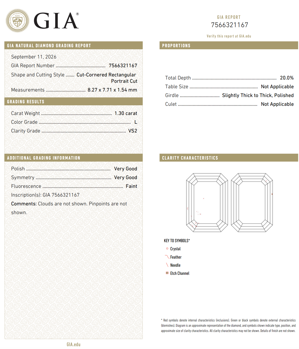 1.30ct 8.27x7.71x1.54mm GIA VS2 L Cut Corrner Rectangle Portrait Cut 28328-01