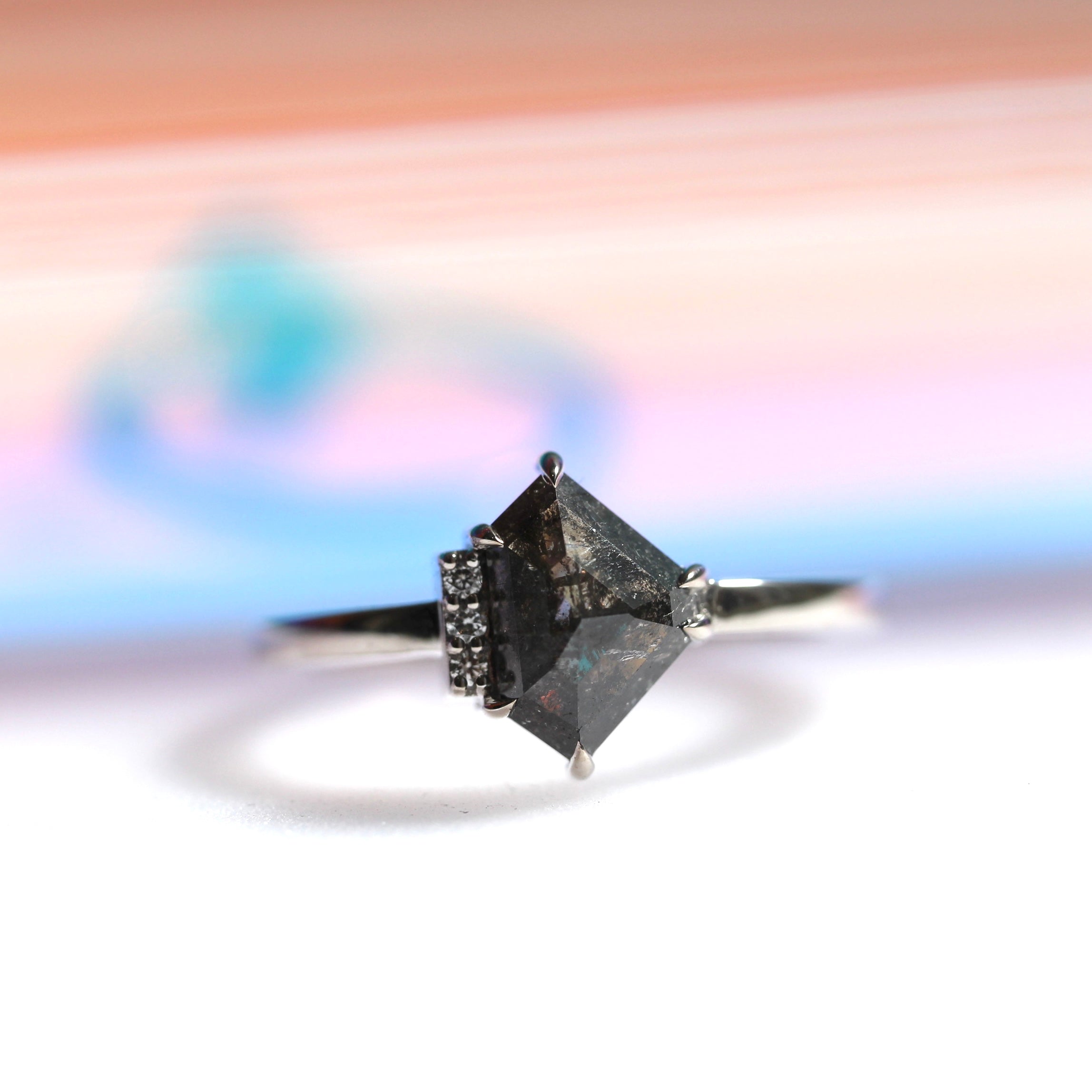 Bespoke - Salt + Pepper Accented Shield Ring - 18CT White Gold
