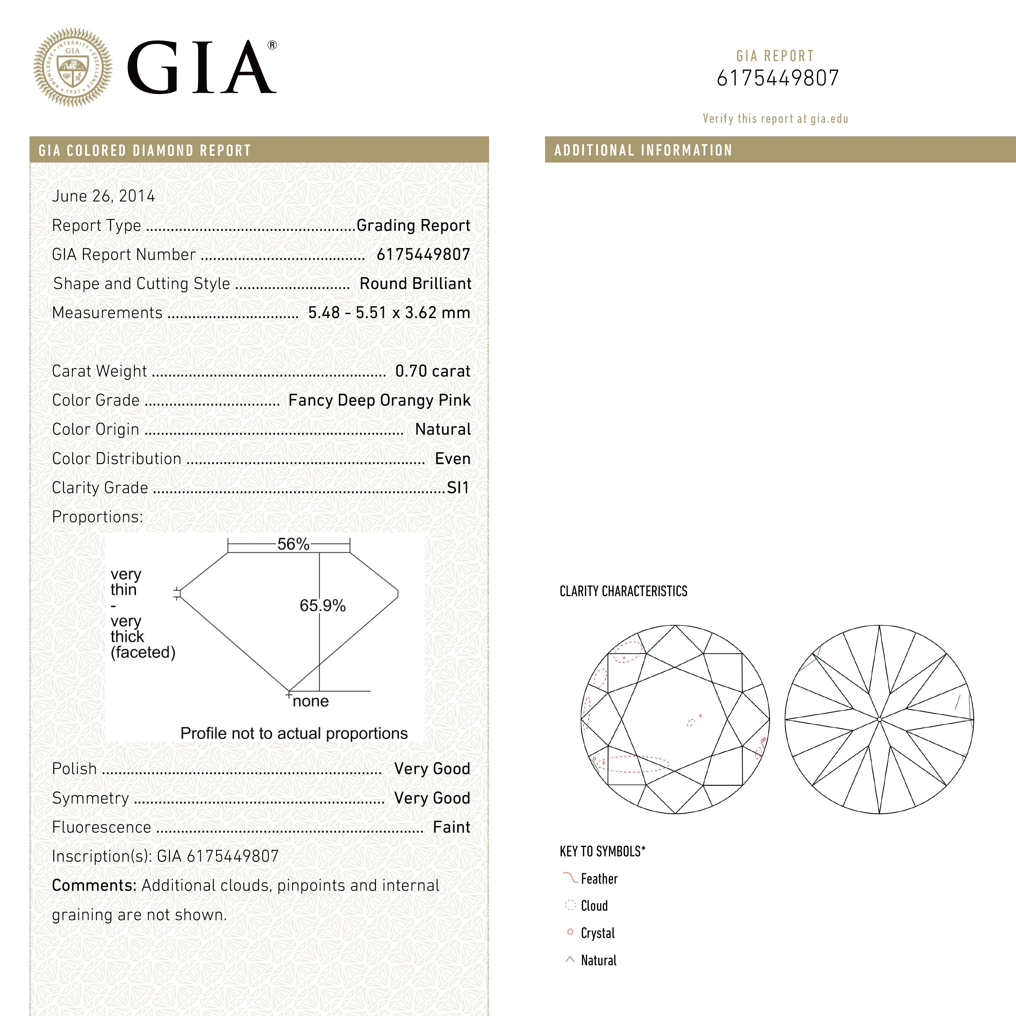 0.70ct 5.51x5.48x3.62 GIA SI1 Fancy Deep Orangy Pink Round Brilliant 🇦🇺 24147-01