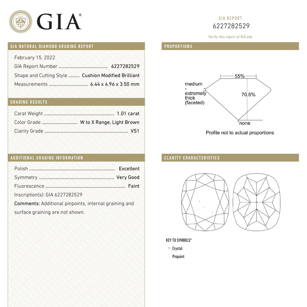 1.01ct 6.44x4.96x3.50mm GIA VS1 W-X Cushion Brilliant 27056-01