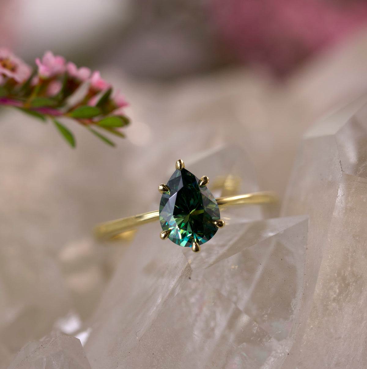 Pear Solitaire - 6 Claw - Green Moissanite - Ready to Ship