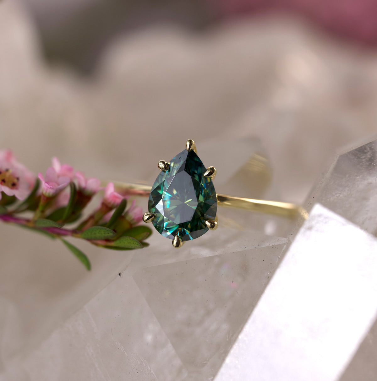 Pear Solitaire - 6 Claw - Green Moissanite - Ready to Ship