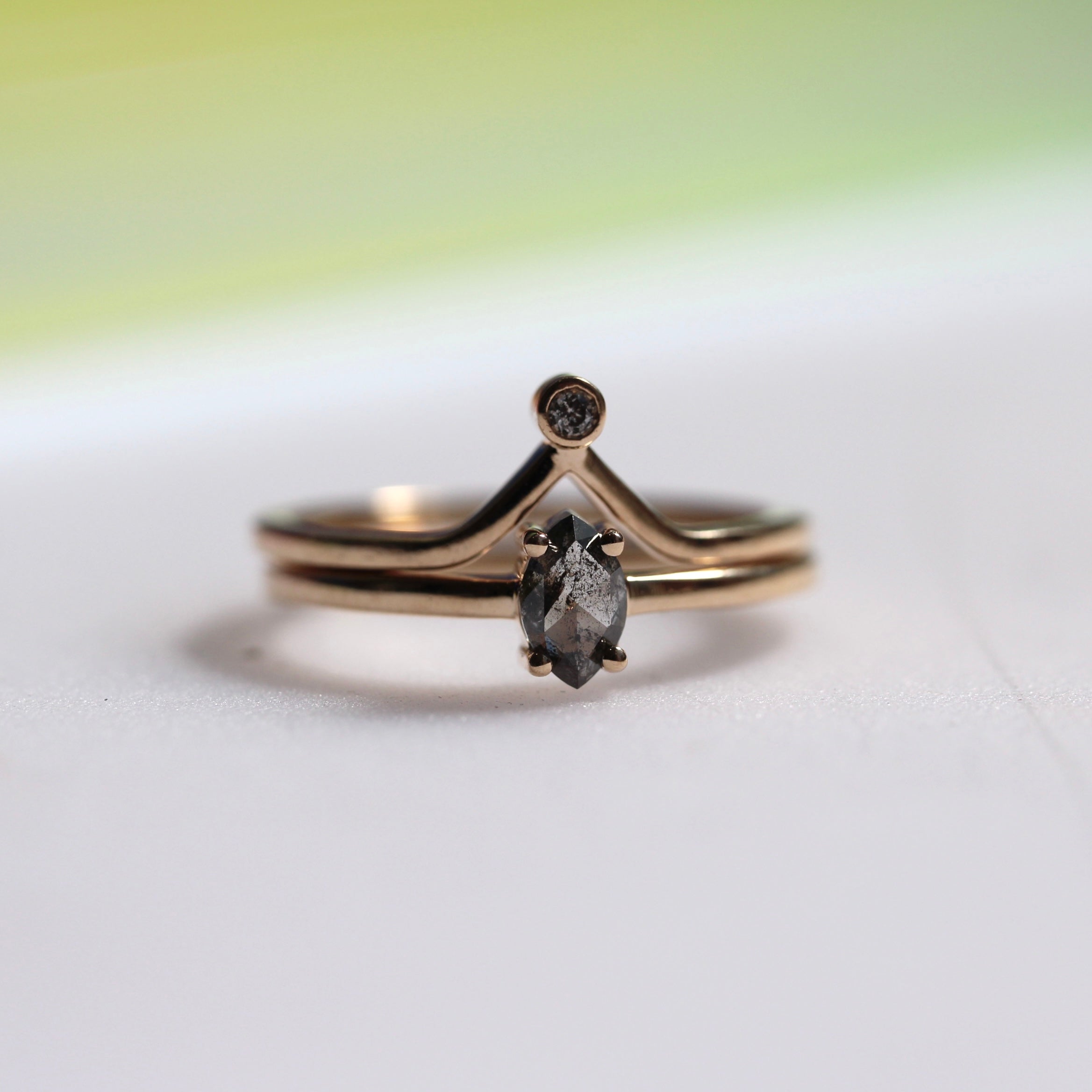 Bespoke -  Marquisse Salt + Pepper Diamond Ring Set- Yellow Gold