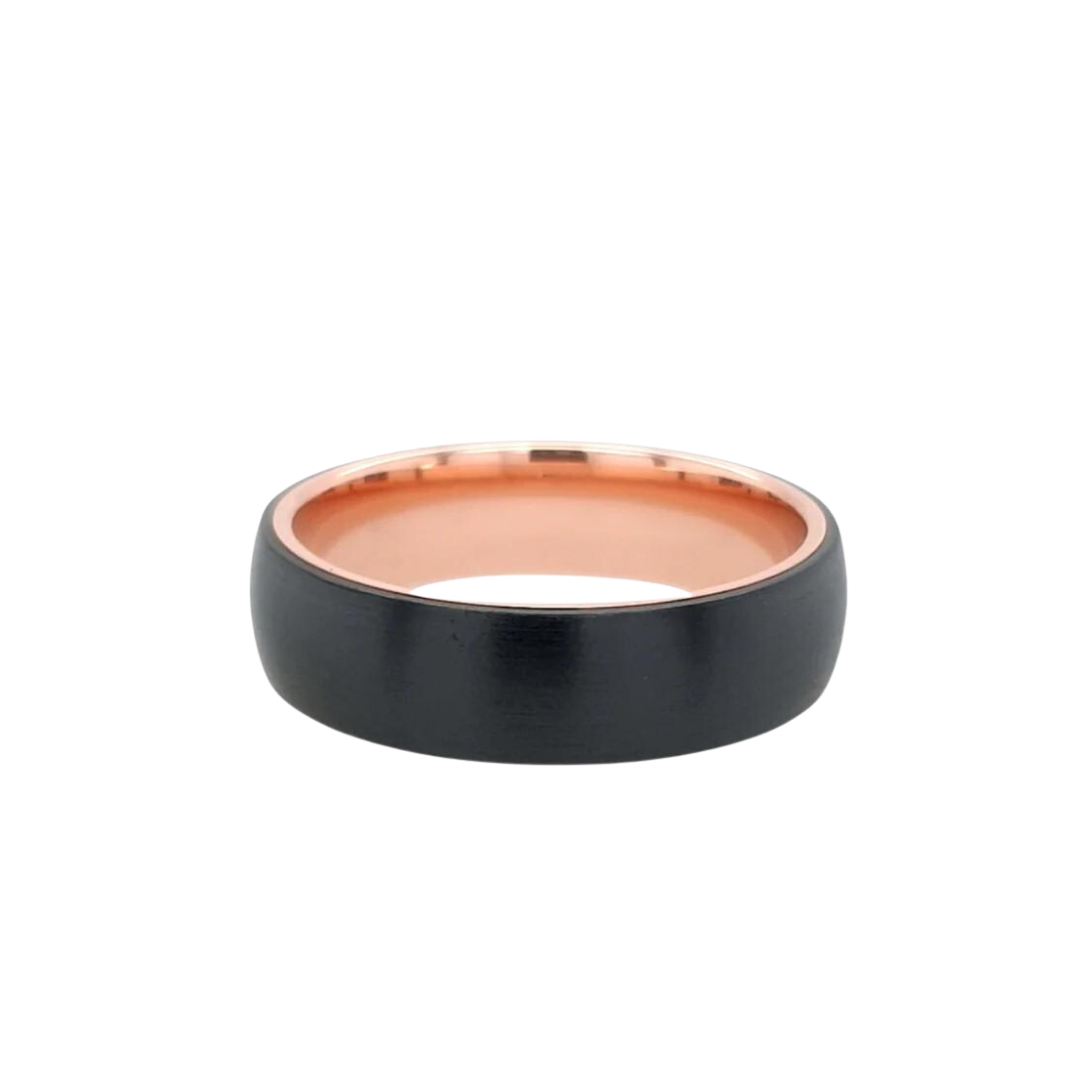 A two-tone zirconium ring with a gold inlay, appearing black on the outside and rose gold on the inside, with a satin finish.