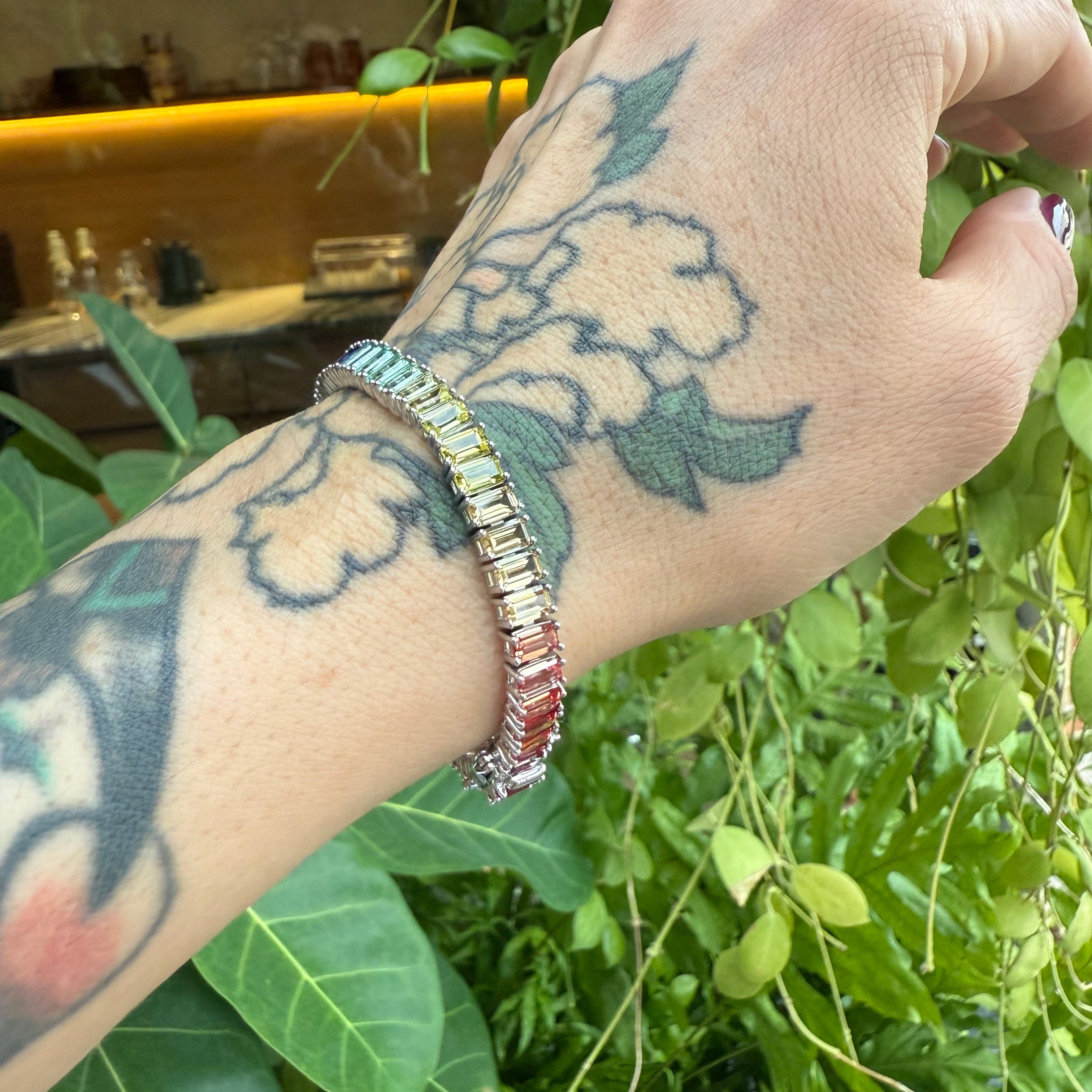 Rainbow Sapphire Tennis Bracelet - Emerald Cut Ready to Ship