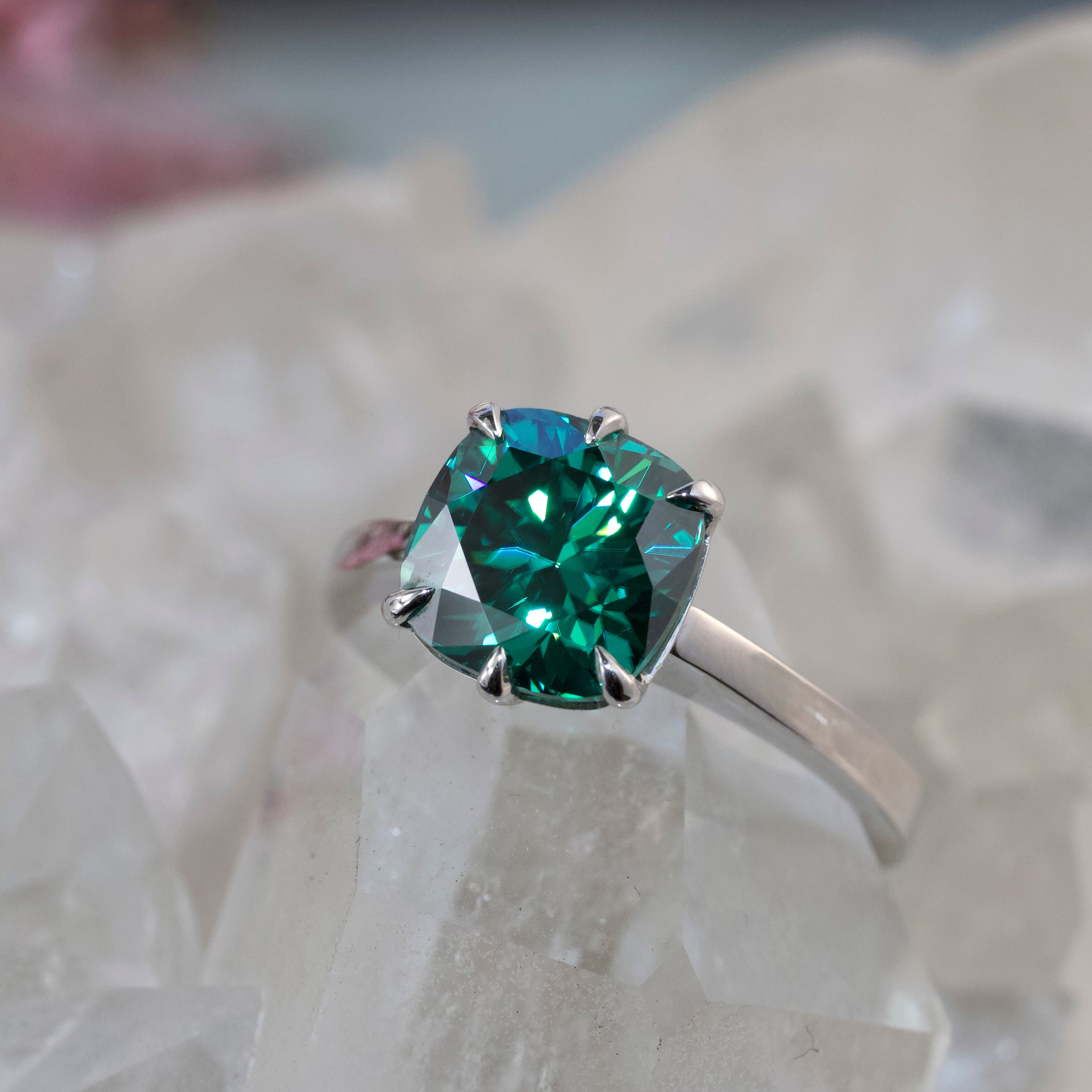 Floating Solitaire Cushion Cut - Green Moissanite  - Ready to Ship