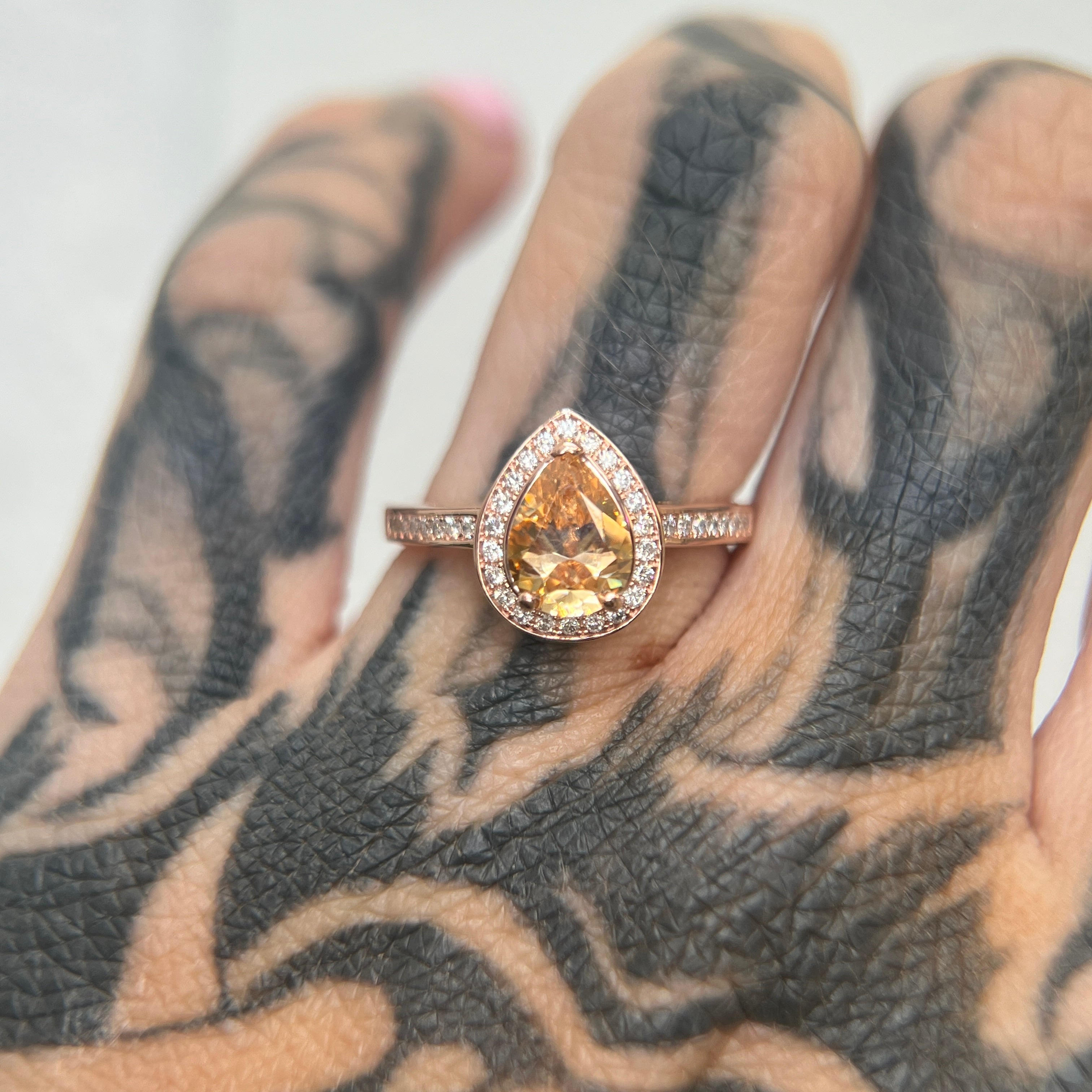 Pear Halo - Yellow/Champagne Moissanite - Rose Gold - Ready to Ship