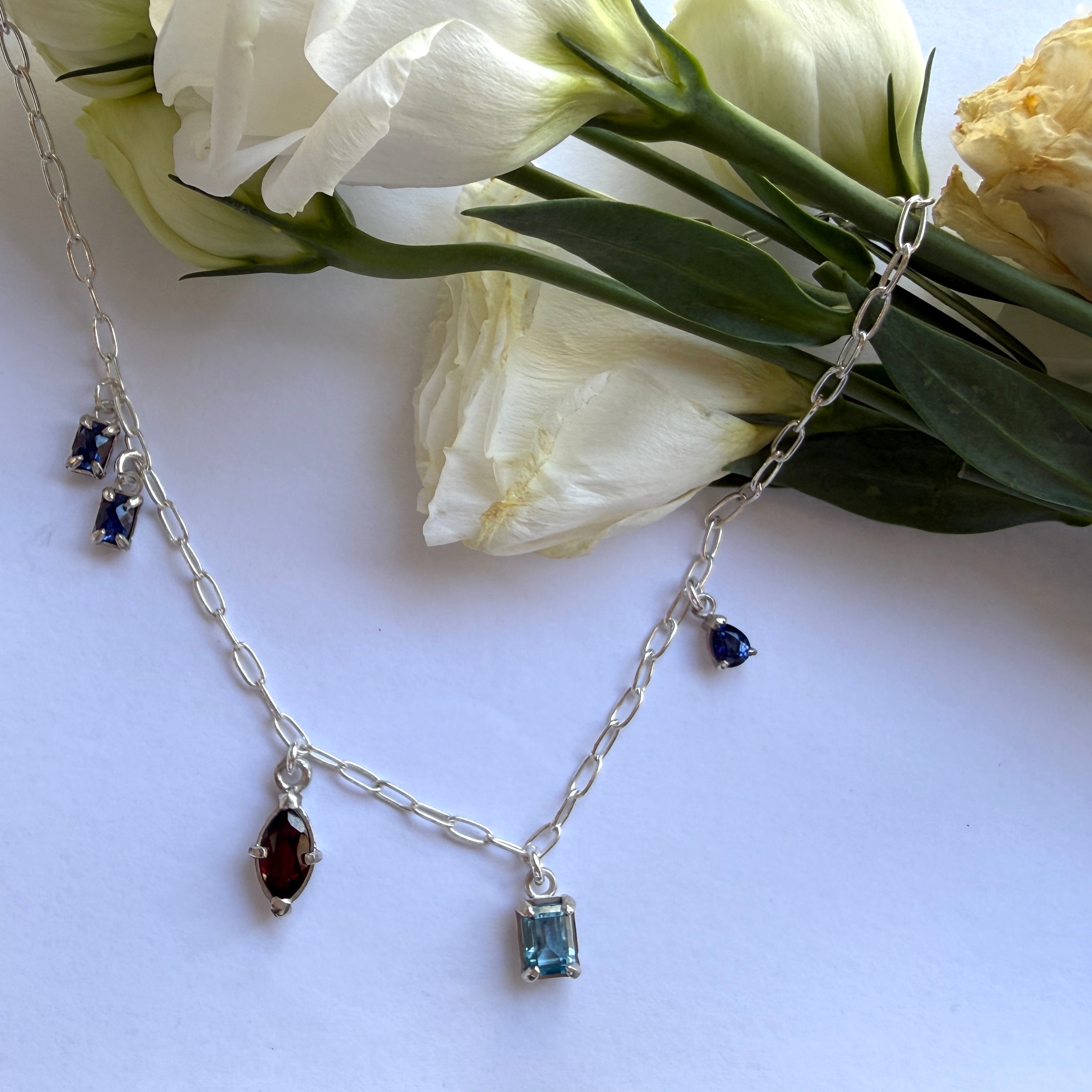 JULY SALE - Multi Gemstone necklace - Garnet + Sapphire + Blue Topaz
