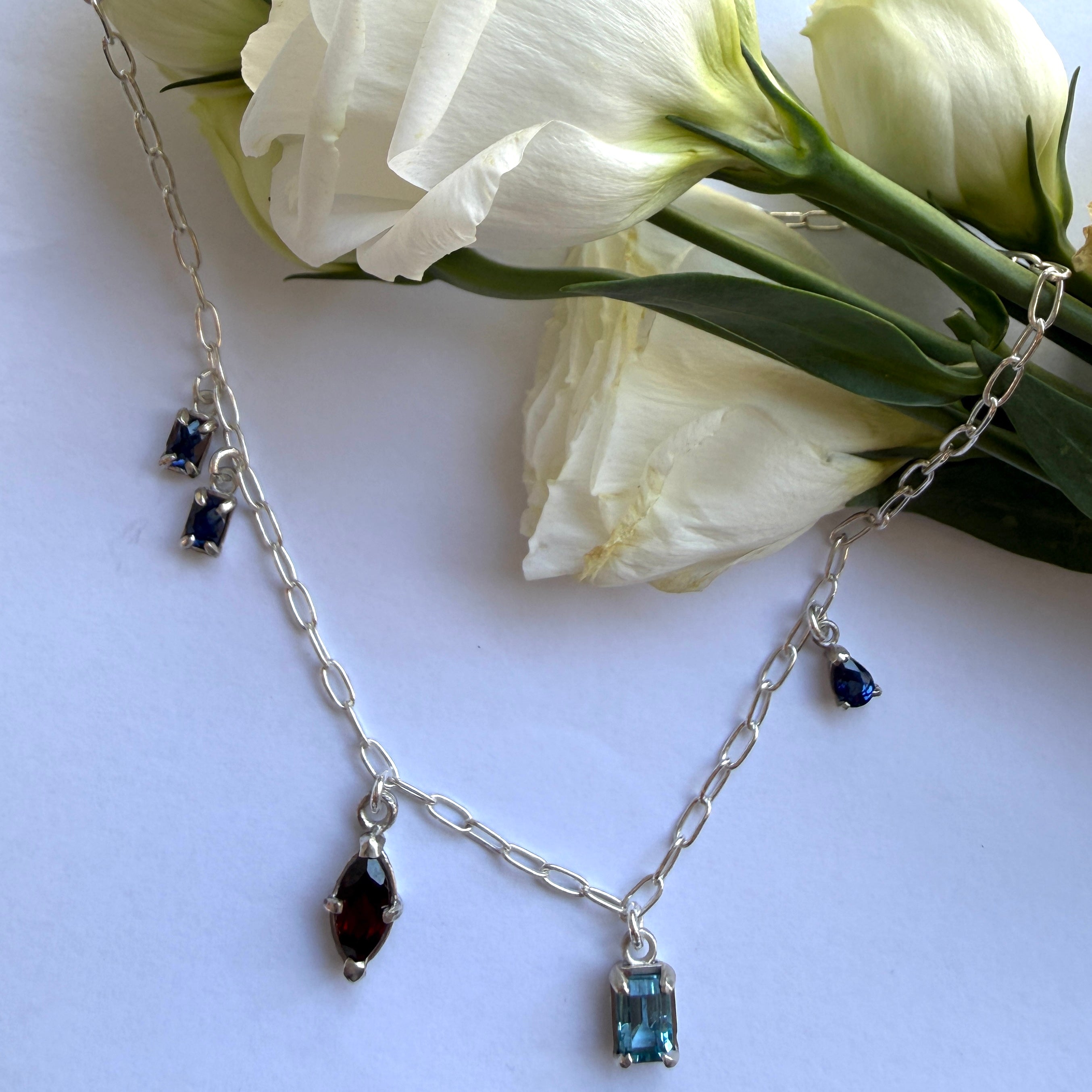 JULY SALE - Multi Gemstone necklace - Garnet + Sapphire + Blue Topaz