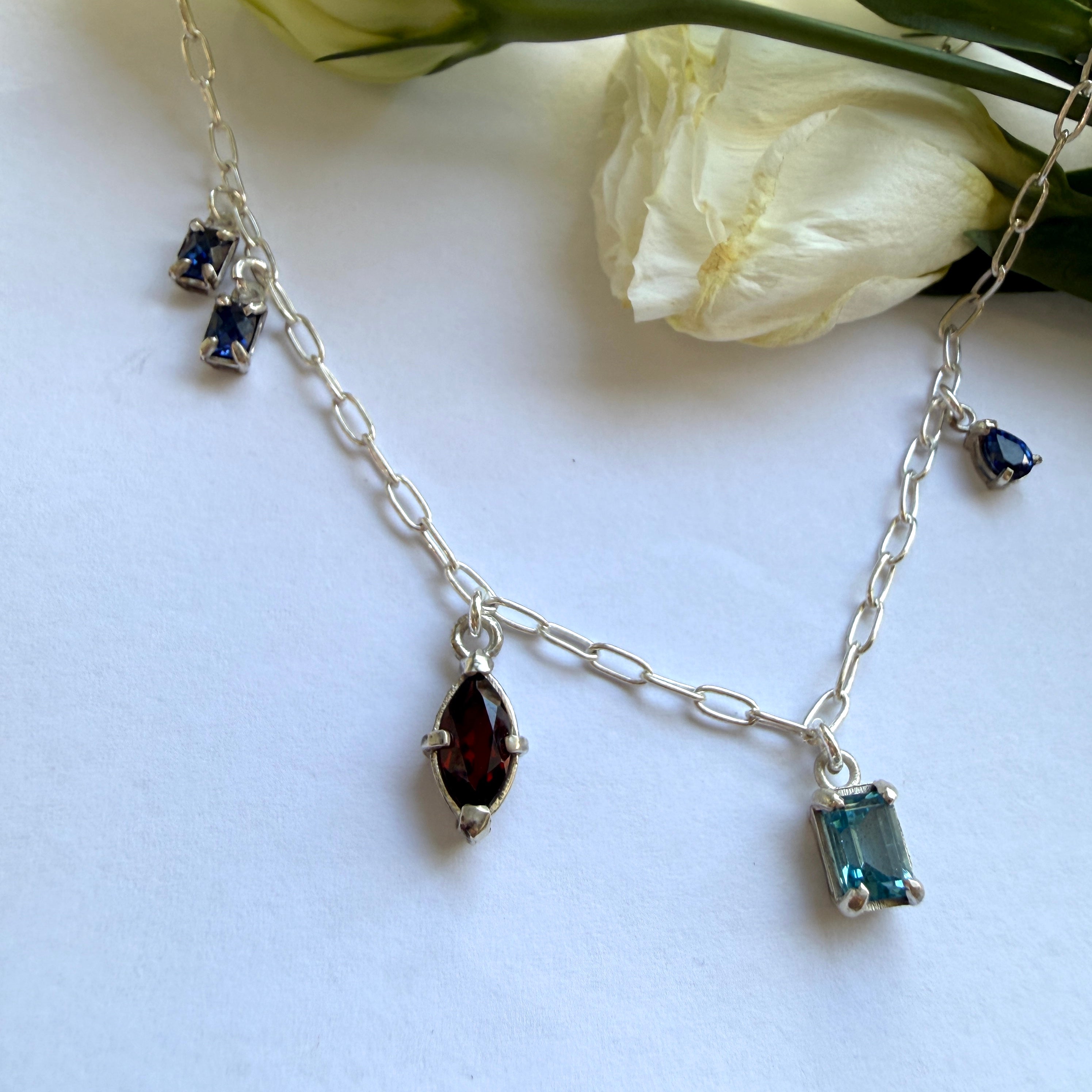JULY SALE - Multi Gemstone necklace - Garnet + Sapphire + Blue Topaz