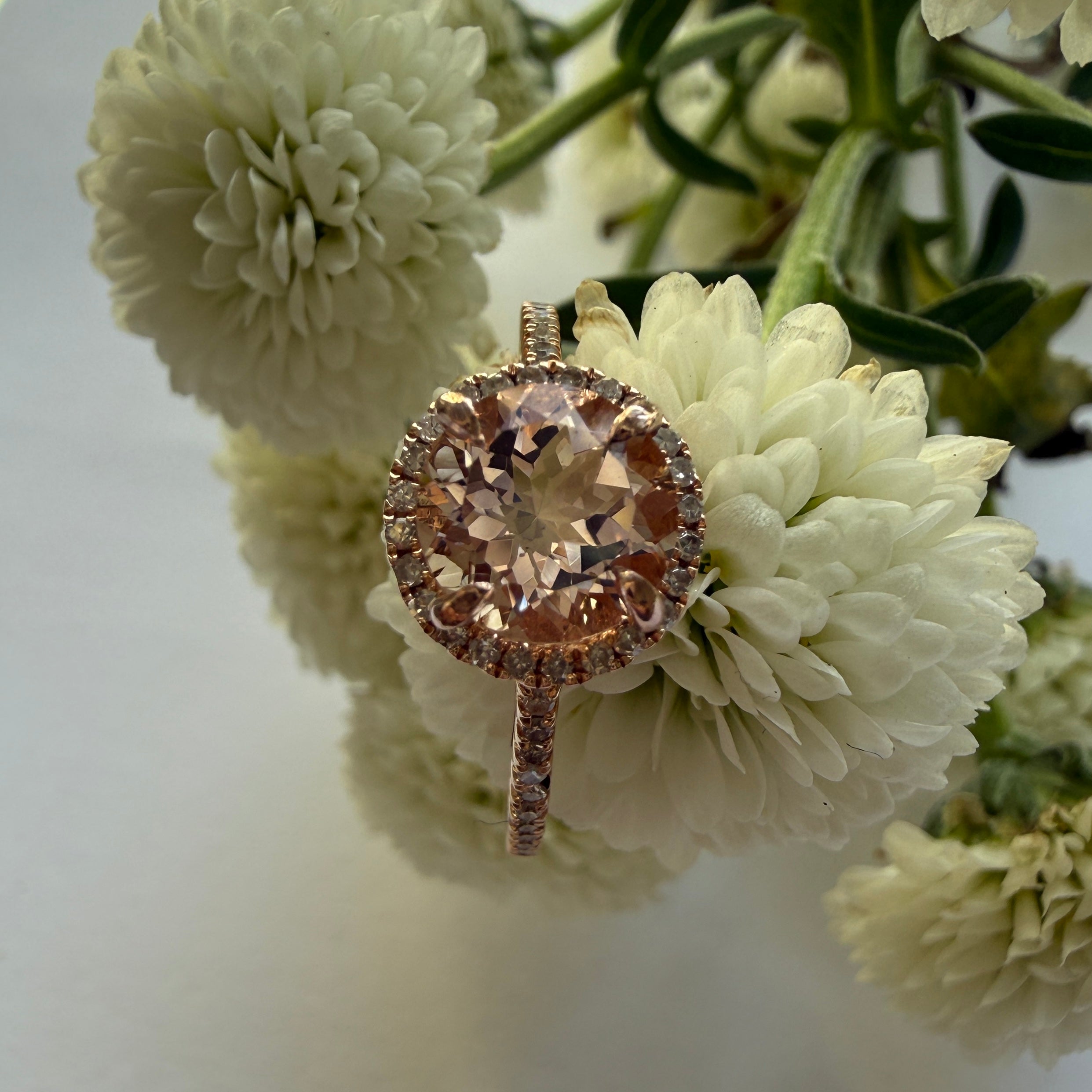 JULY SALE - 14CT Rose Gold and Morganite Halo Ring - Size 6 (L 1/2)