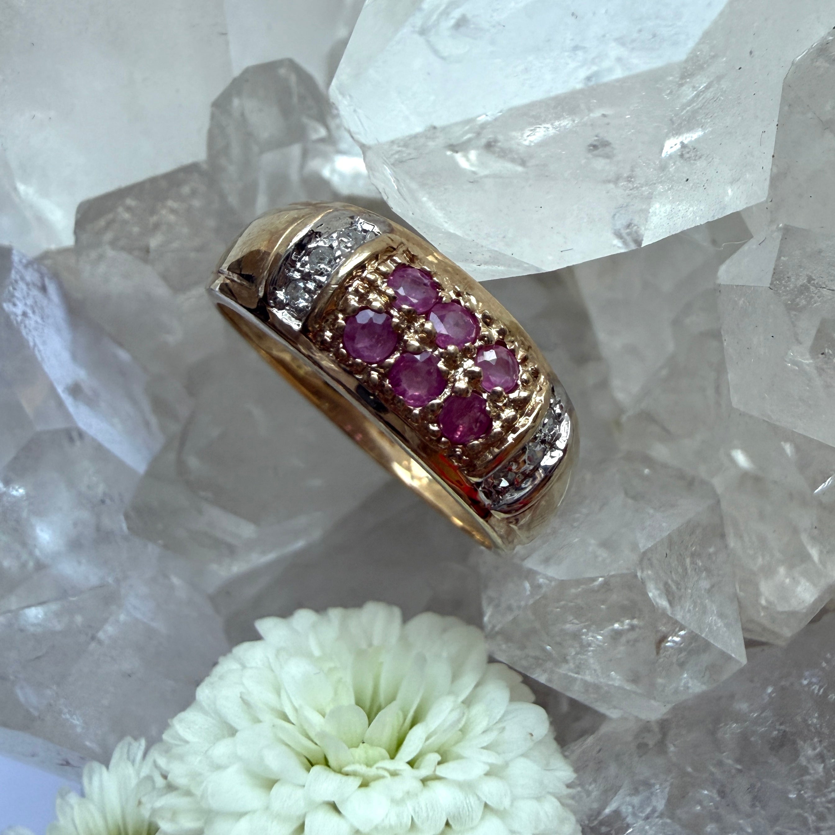 JULY SALE - VINTAGE BIJOUX - Ruby + Diamond Yellow Gold Band