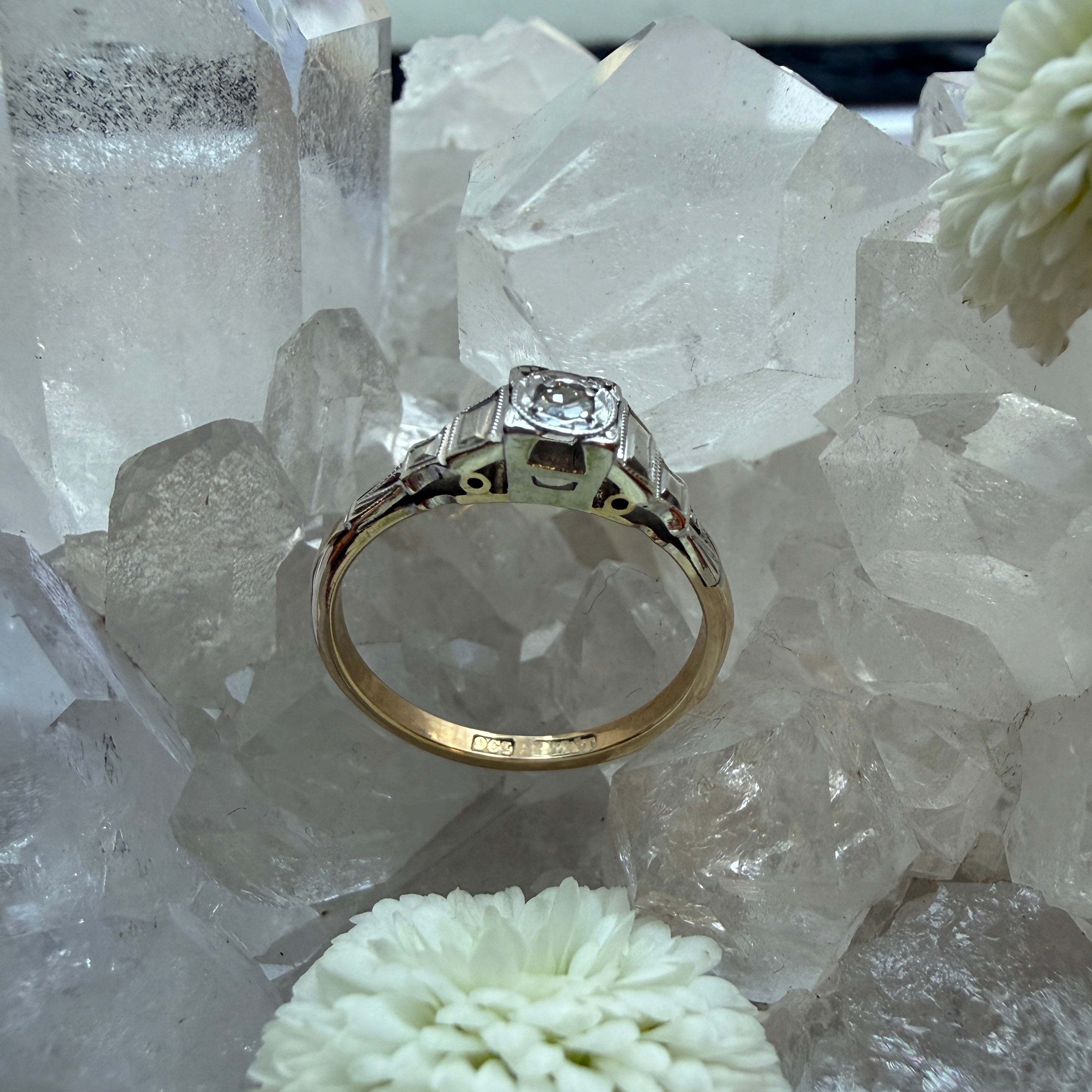 JULY SALE - VINTAGE BIJOUX - Diamond Art Deco Gold + Platinum Solitaire