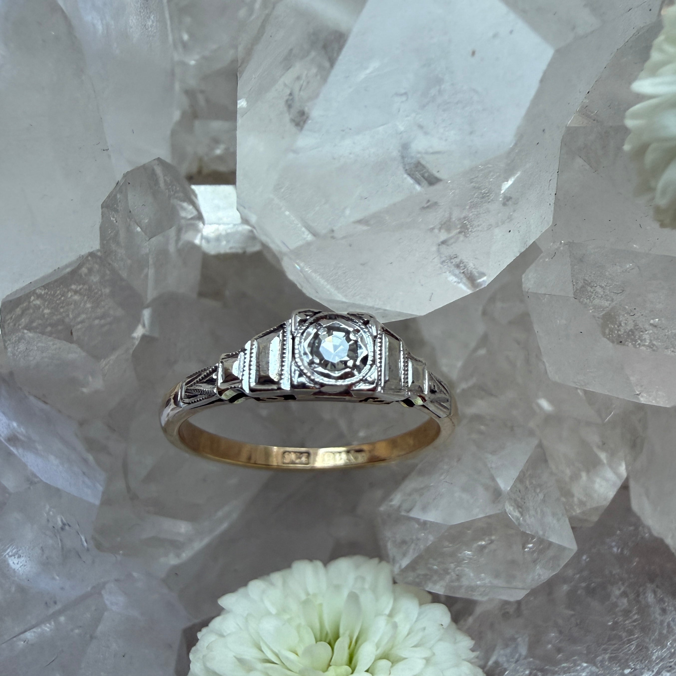 JULY SALE - VINTAGE BIJOUX - Diamond Art Deco Gold + Platinum Solitaire