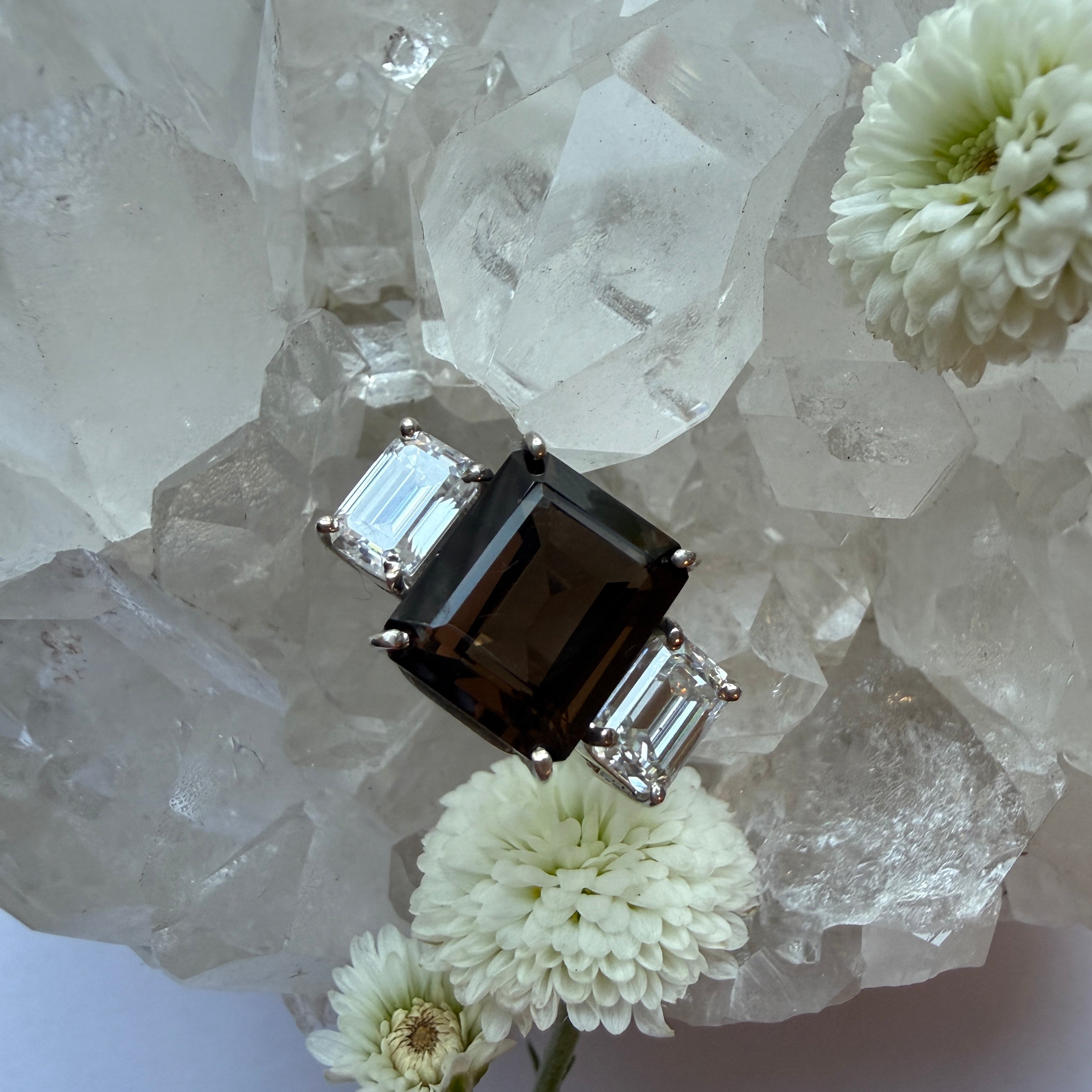 JULY SALE - Smokey Quartz + Moissanite 3 stone ring