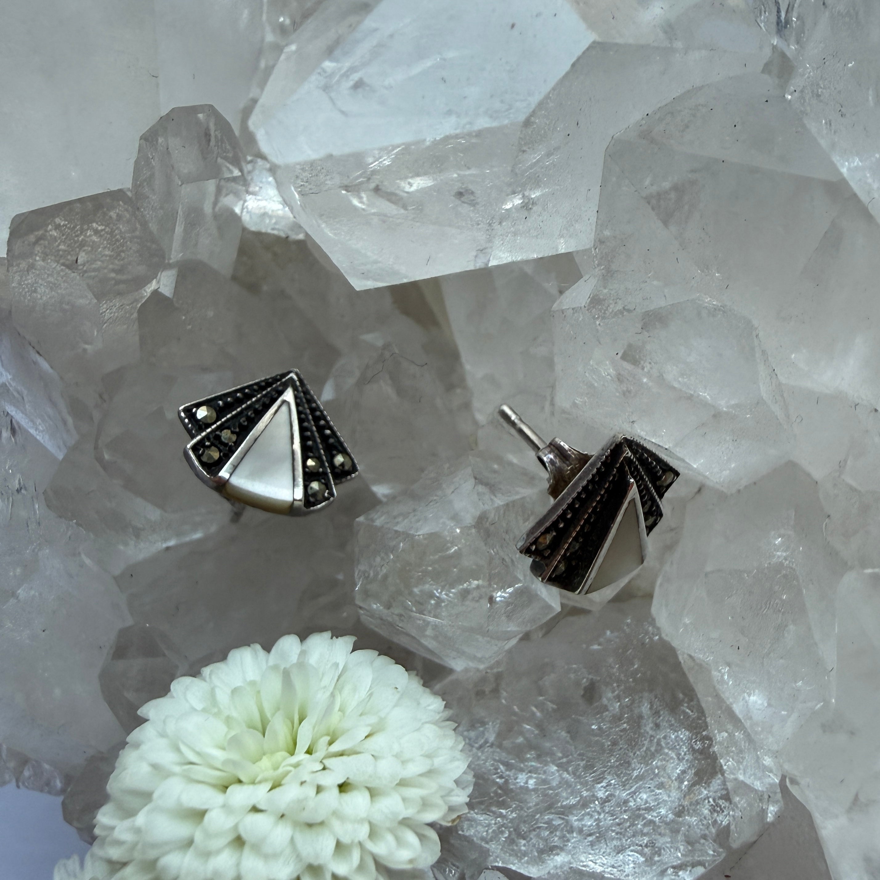 JULY SALE - VINTAGE BIJOUX - Mother of Pearl and Marcasite Earrings