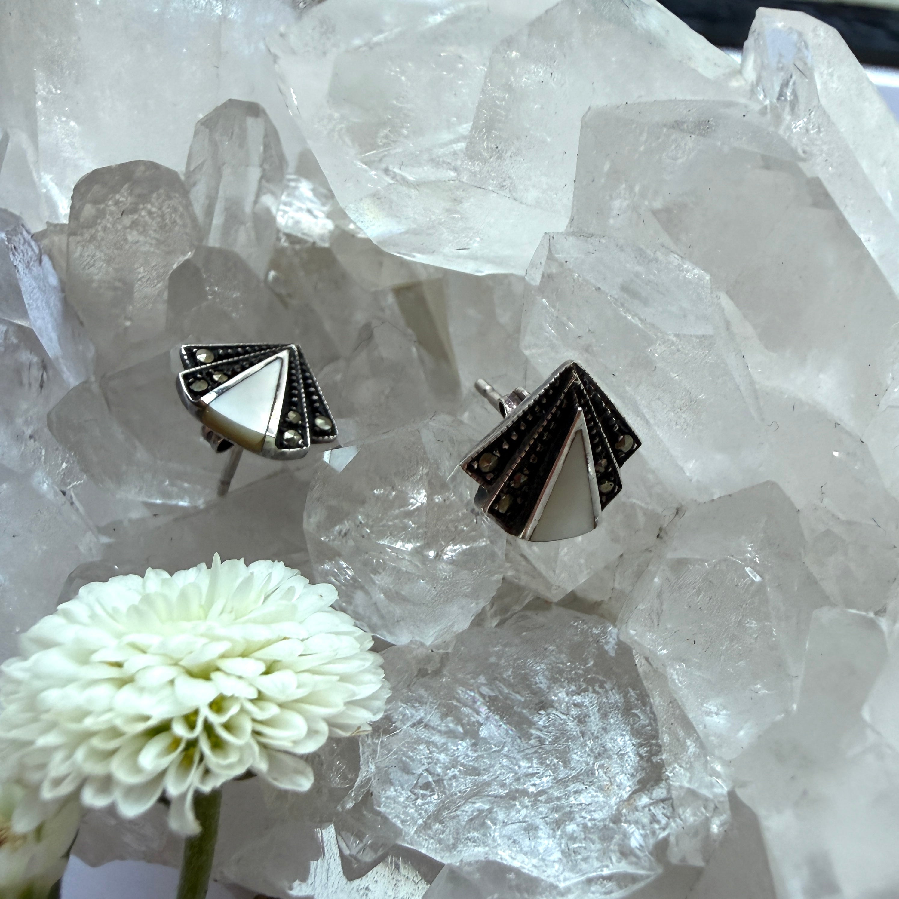 JULY SALE - VINTAGE BIJOUX - Mother of Pearl and Marcasite Earrings