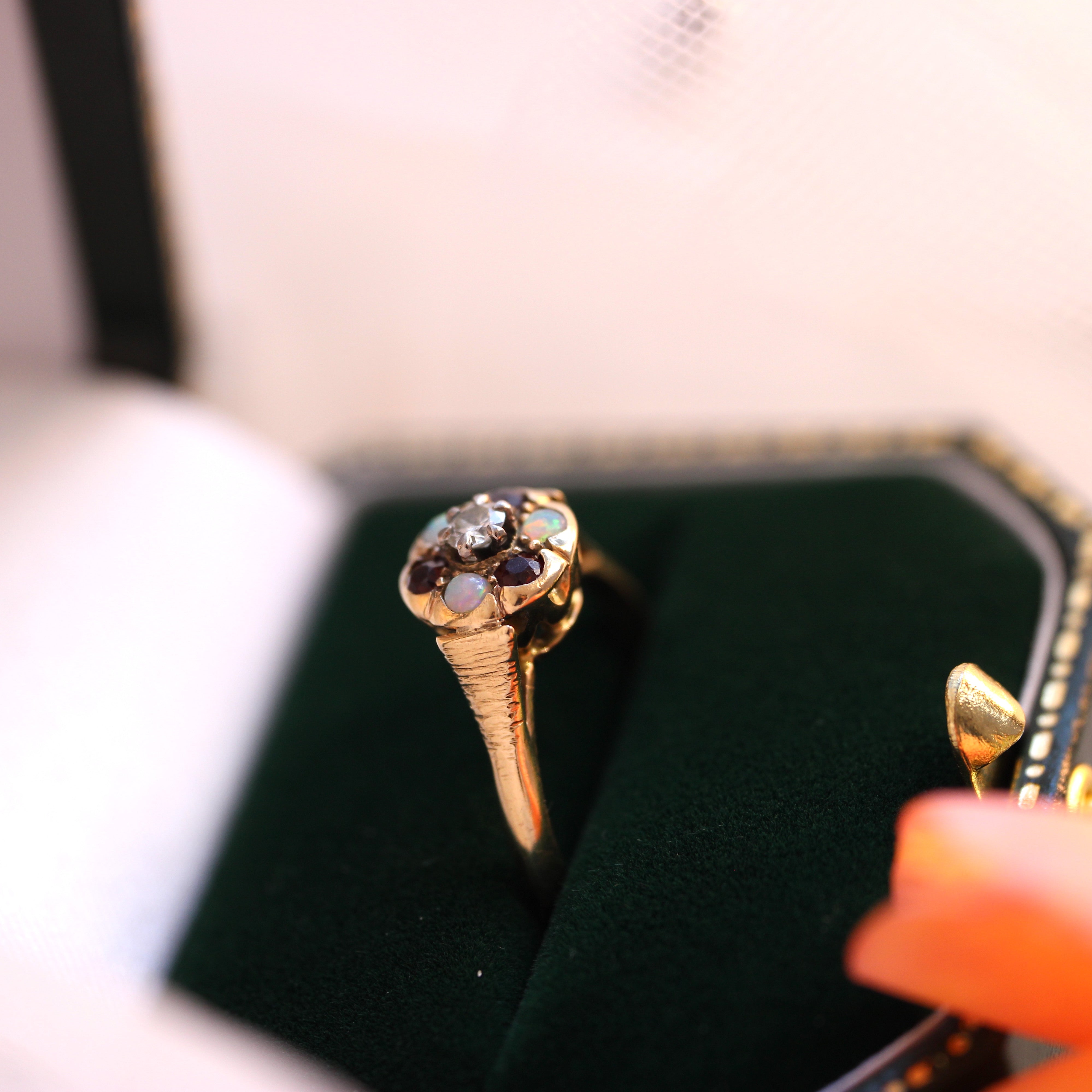 Vintage Bijoux - Vintage 1976 Garnet, Opal, Diamond Cluster Ring - Hallmarked Birmingham