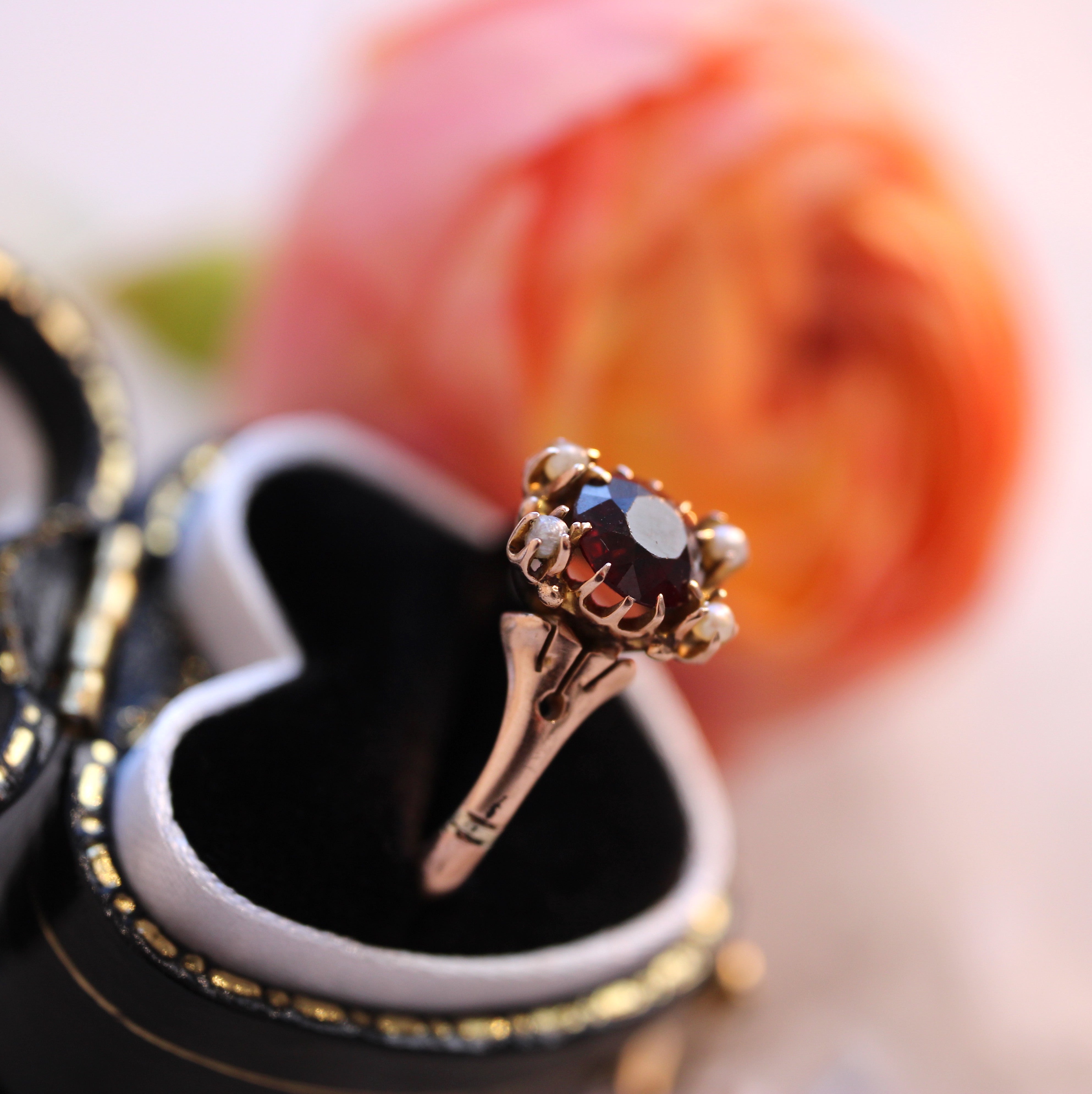 Vintage Bijoux - Victorian Garnet & Seed Pearl Cluster Ring  (c. 1880–1900)