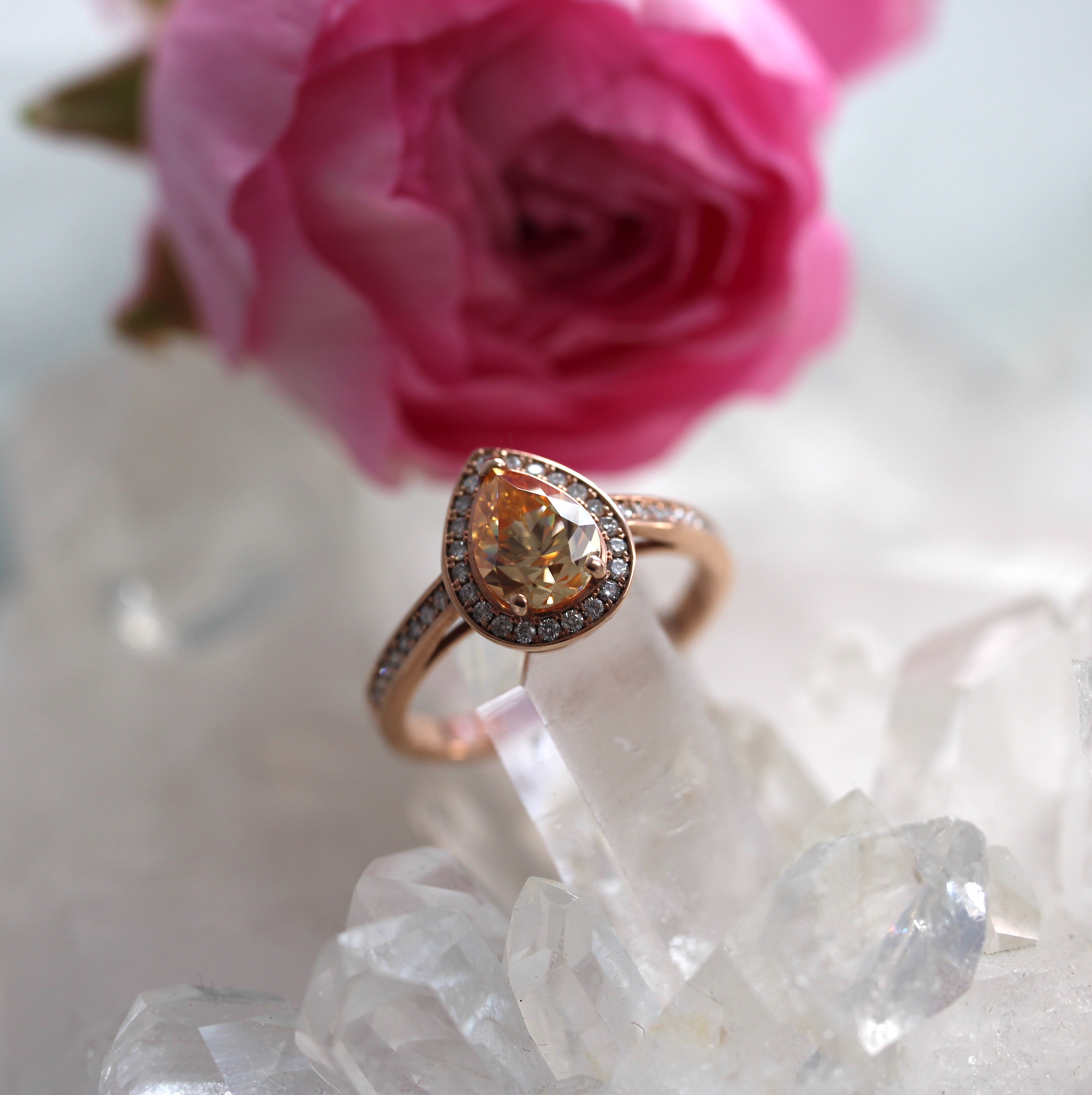 SALE - Pear Halo - Champagne Moissanite - Rose Gold - Ready to Ship