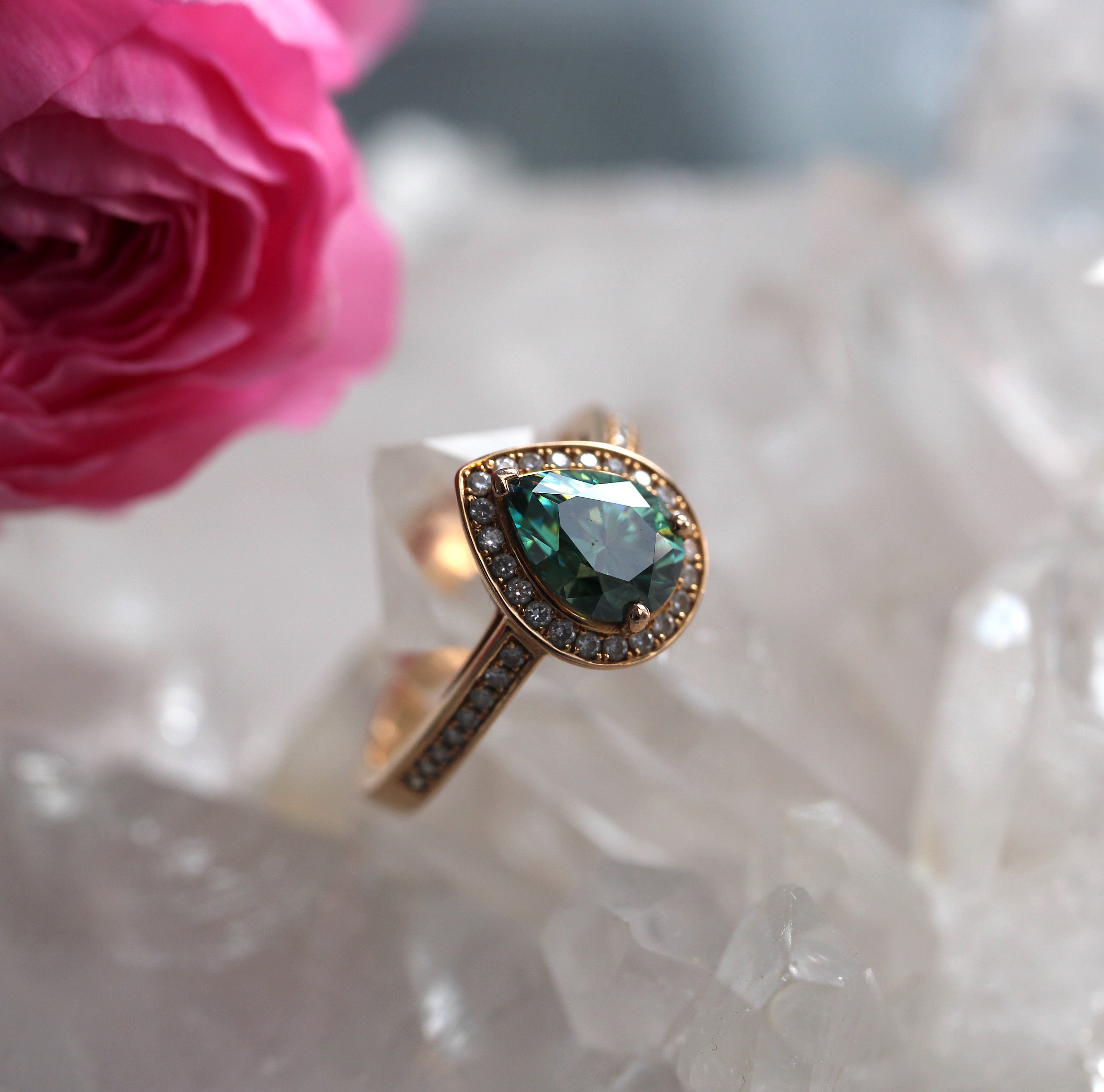 SALE - Pear Halo - Green Moissanite - Rose Gold - Ready to Ship
