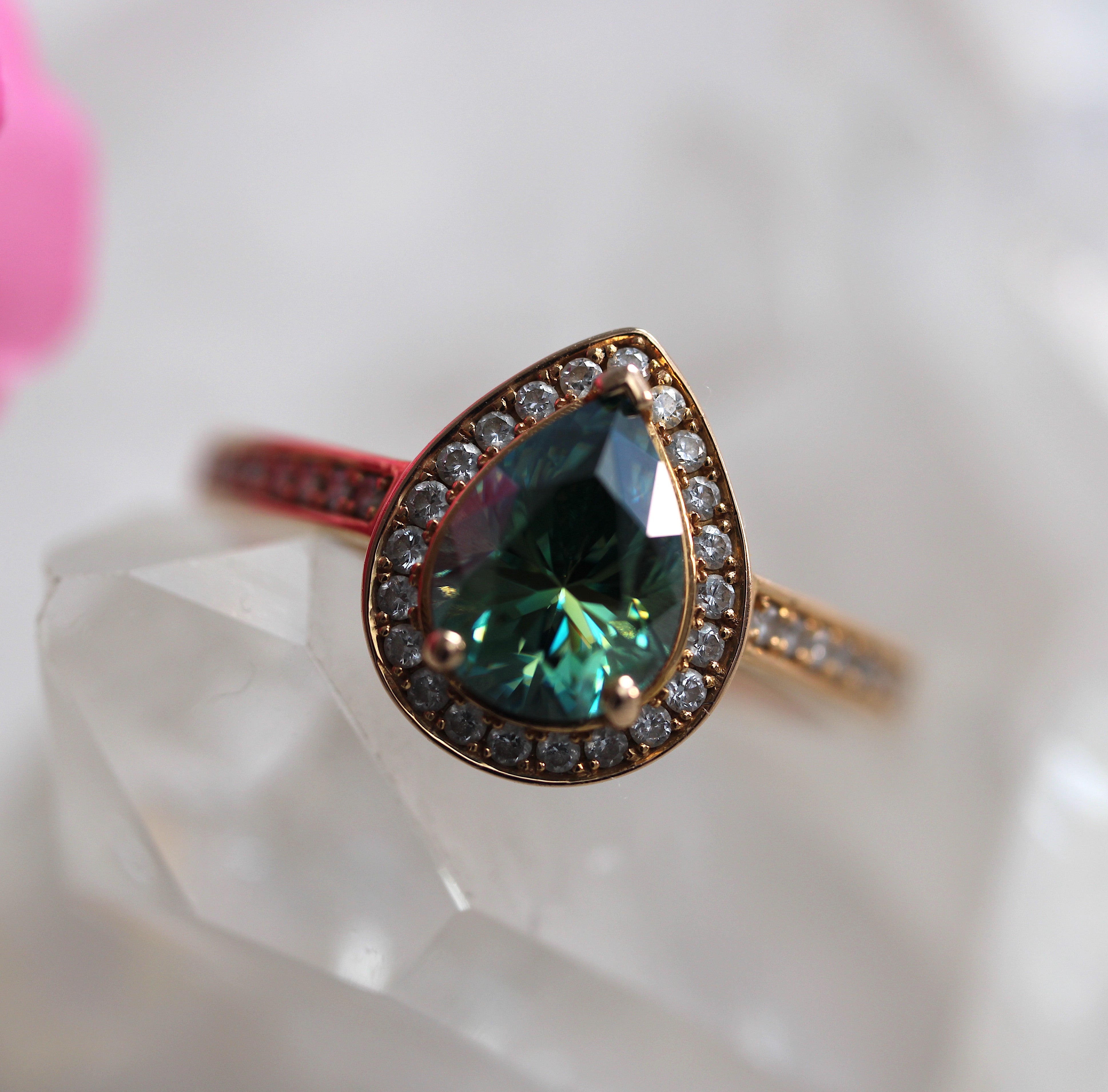 SALE - Pear Halo - Green Moissanite - Rose Gold - Ready to Ship