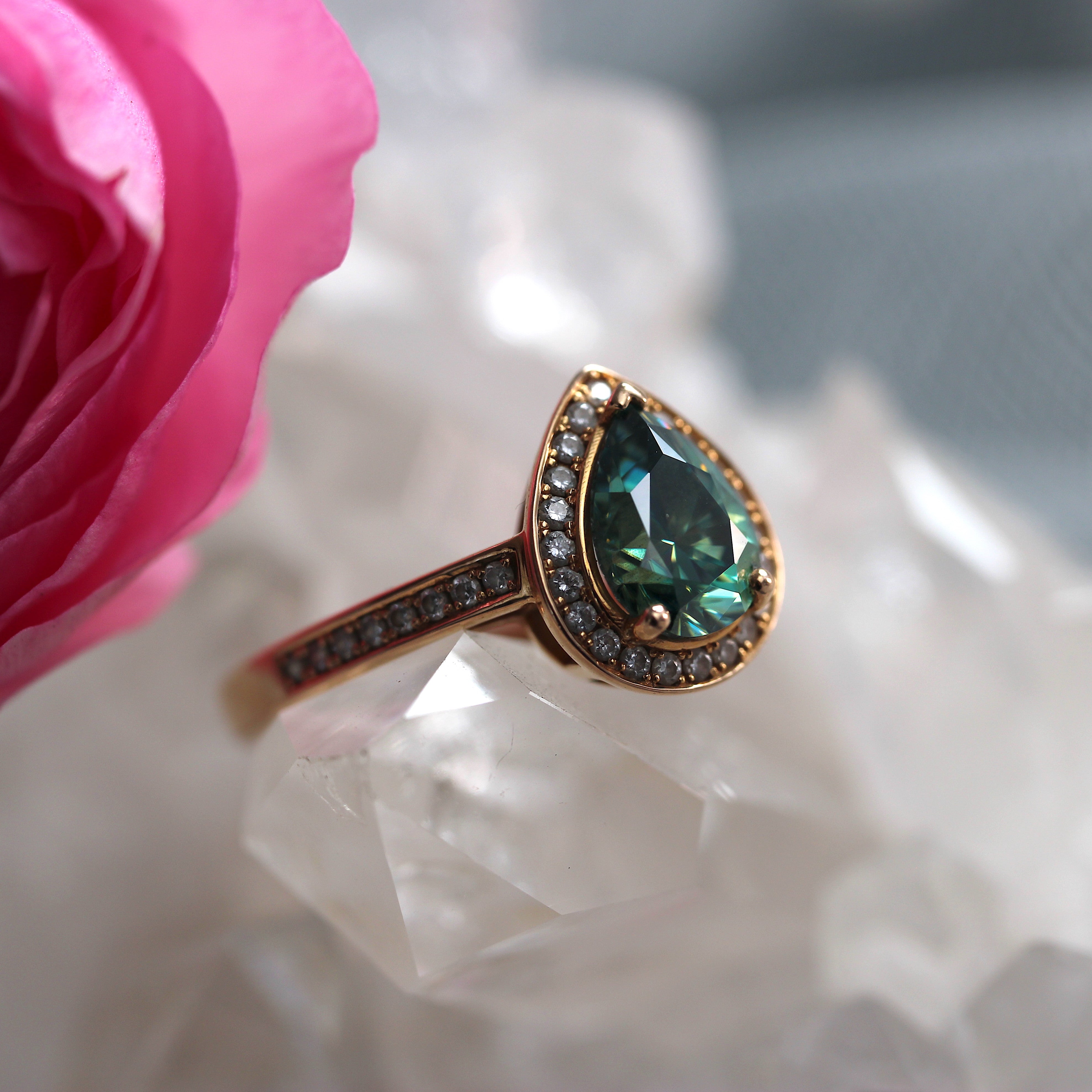 SALE - Pear Halo - Green Moissanite - Rose Gold - Ready to Ship