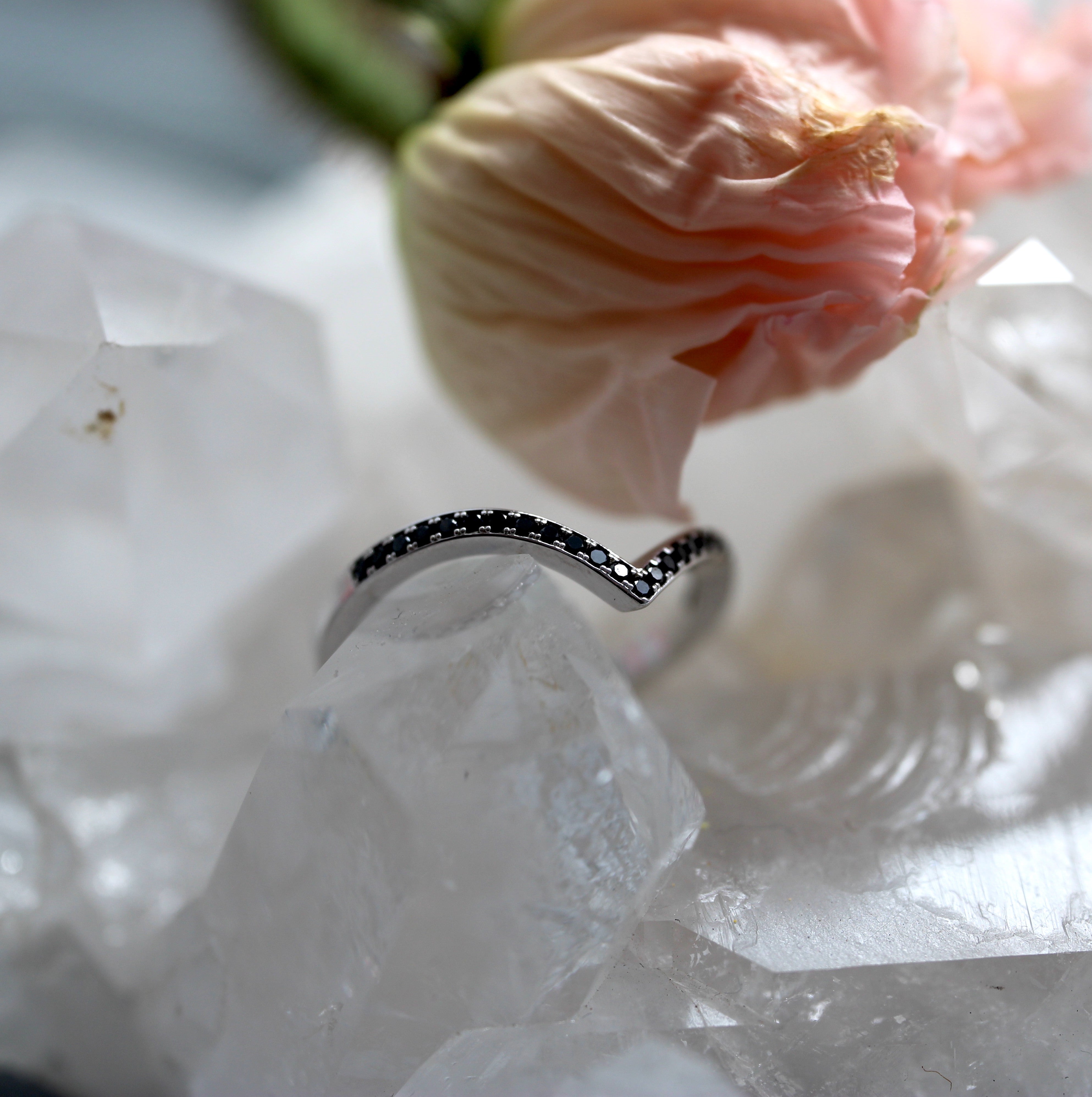 SALE - Bent Stacker Band - Black Diamonds - White Gold - Ready to Ship